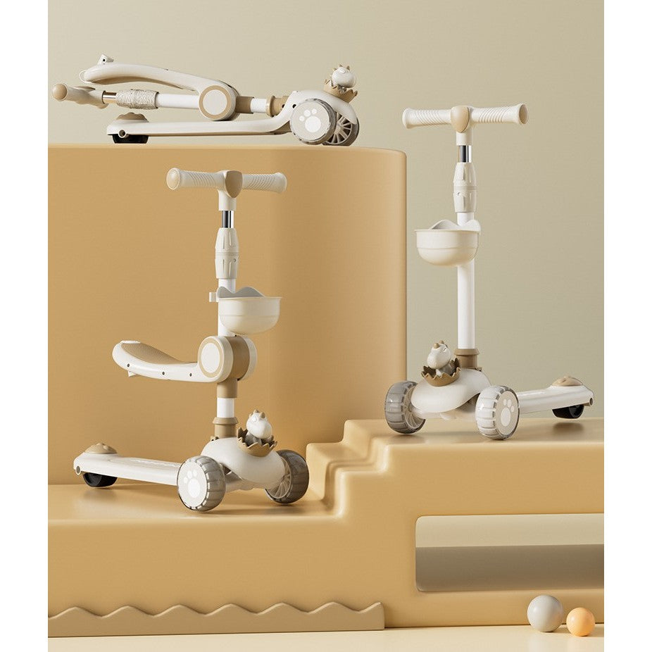 Trotineta Multifunctionala 2 in 1, pentru Copii, 1-7 Ani, cu Lumini, Reglabil 360, Pliere Usoara, Reglarea Inaltimii, Model Dinozaur, 67-76 x 24 x 55 cm, Alb/Bej