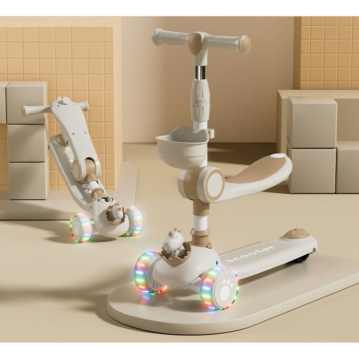 Trotineta Multifunctionala 2 in 1, pentru Copii, 1-7 Ani, cu Lumini, Reglabil 360, Pliere Usoara, Reglarea Inaltimii, Model Dinozaur, 67-76 x 24 x 55 cm, Alb/Bej