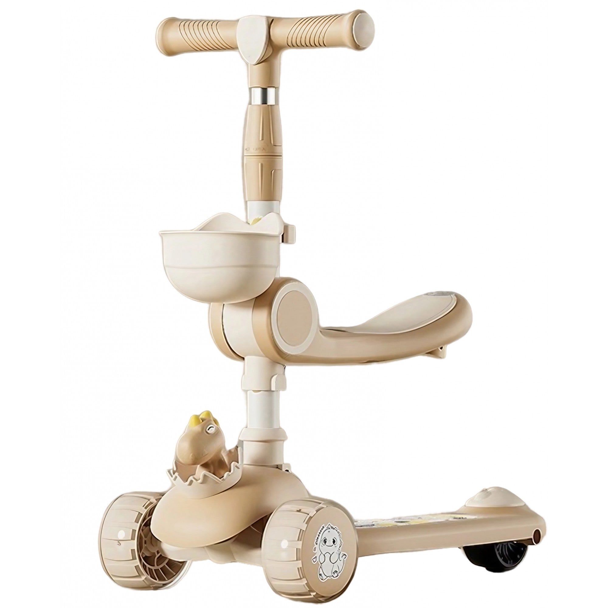Trotineta Multifunctionala 2 in 1, pentru Copii, 1-7 Ani, cu Lumini, Reglabil 360, Pliere Usoara, Reglarea Inaltimii, Model Dinozaur, 67-76 x 24 x 55 cm, Alb/Bej