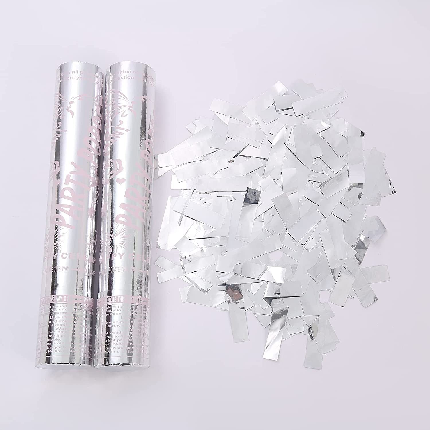 Tub de Confetti, Flippy, Party Popper, 30x5 cm, Confetii Lucioase Rezistente la Foc, Eliberare prin Rasucire, Argintiu