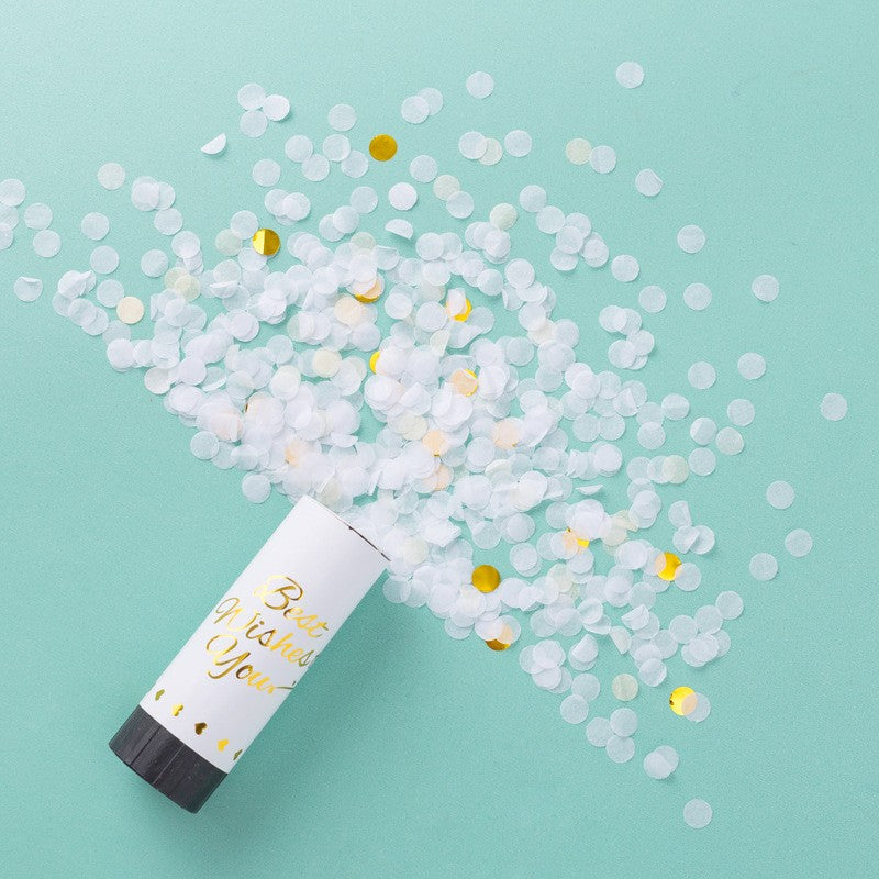 Tun de Confetti, Best Wishes 11 x 4 cm, Model Buline din Hartie si Folie, Alb