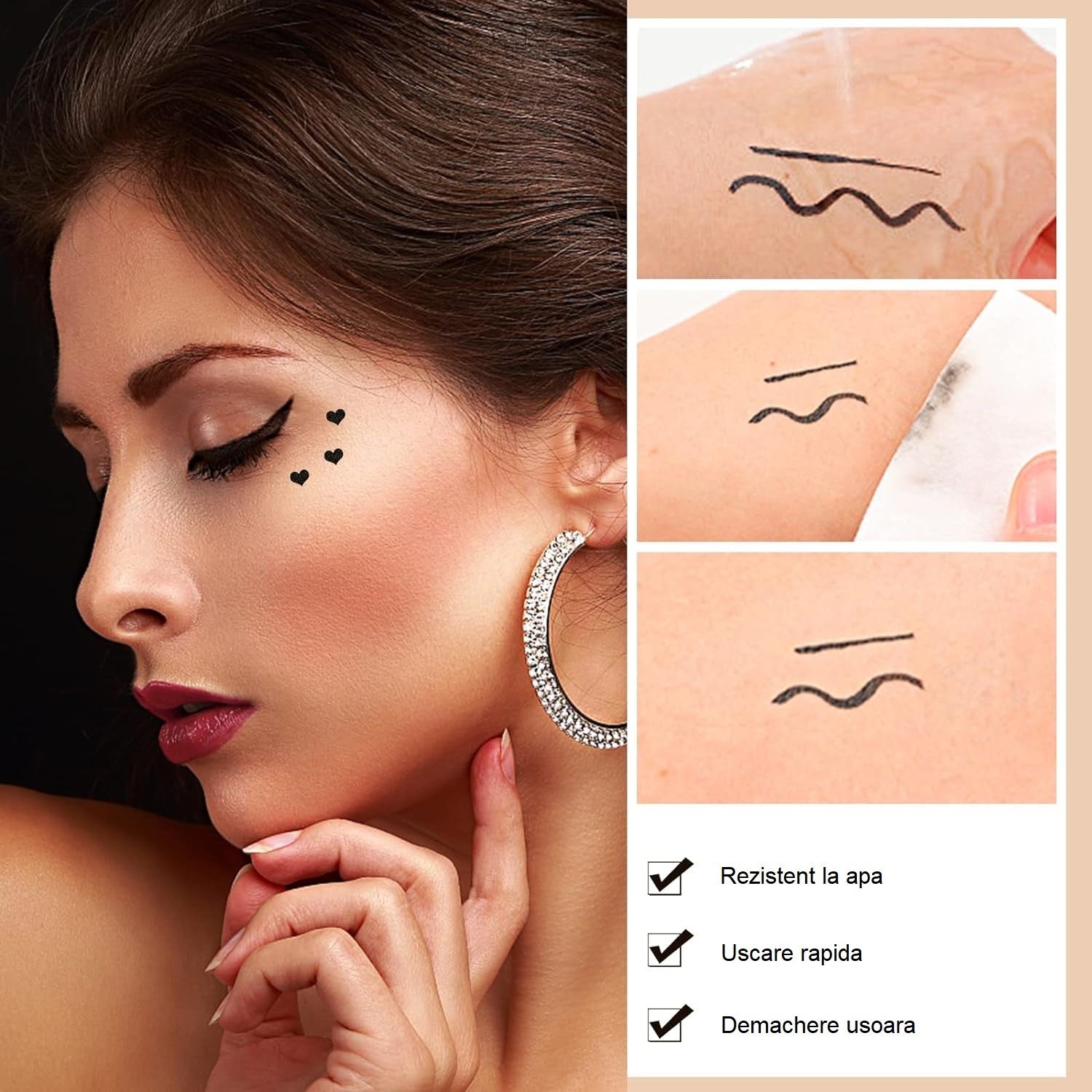 Tus Lichid pentru Ochi, 2 Capete, Eyeliner si Stampila Inima, Pentru Ochi si Corp, 50 g, Rezistent la Apa, 12.7 x 3 cm, Negru