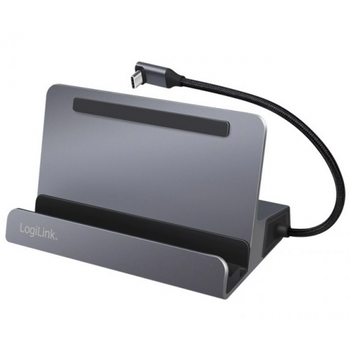 DOCKING Station Logilink universal, conec PC USB-C 3.2, USB 3.0 x 3, USB-C x 1, HDMI x 1, RJ45 x 1, holder tableta/smartphone, PD pana la 100W, argintiu, 