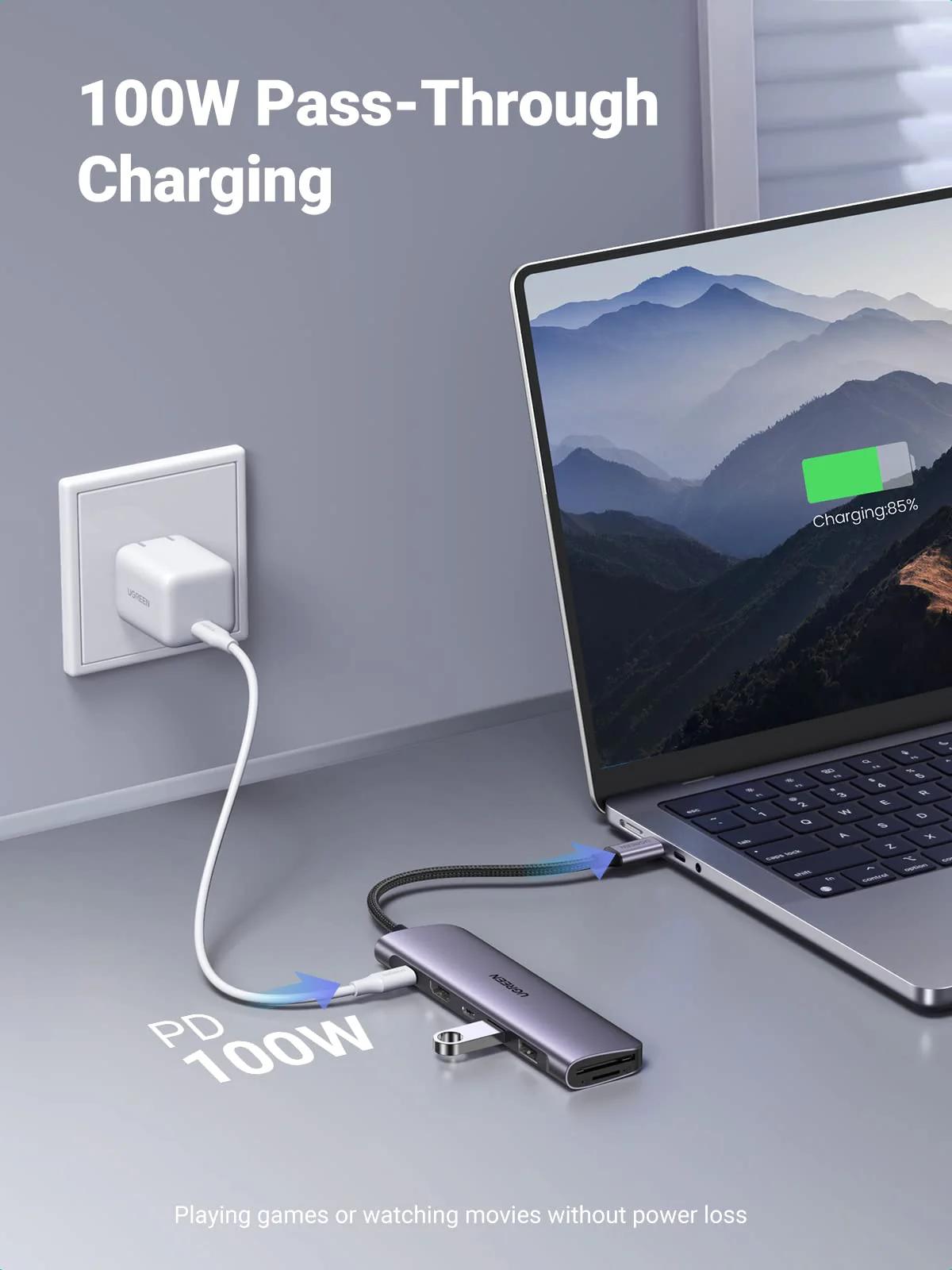 DOCKING Station Ugreen, "CM195" conectare PC USB Type-C, USB 3.0 x 2|HDMI x 1/4K/30Hz|Card reader x 1|USB Type C x 1 PD 100W, aluminiu, gri "15214"