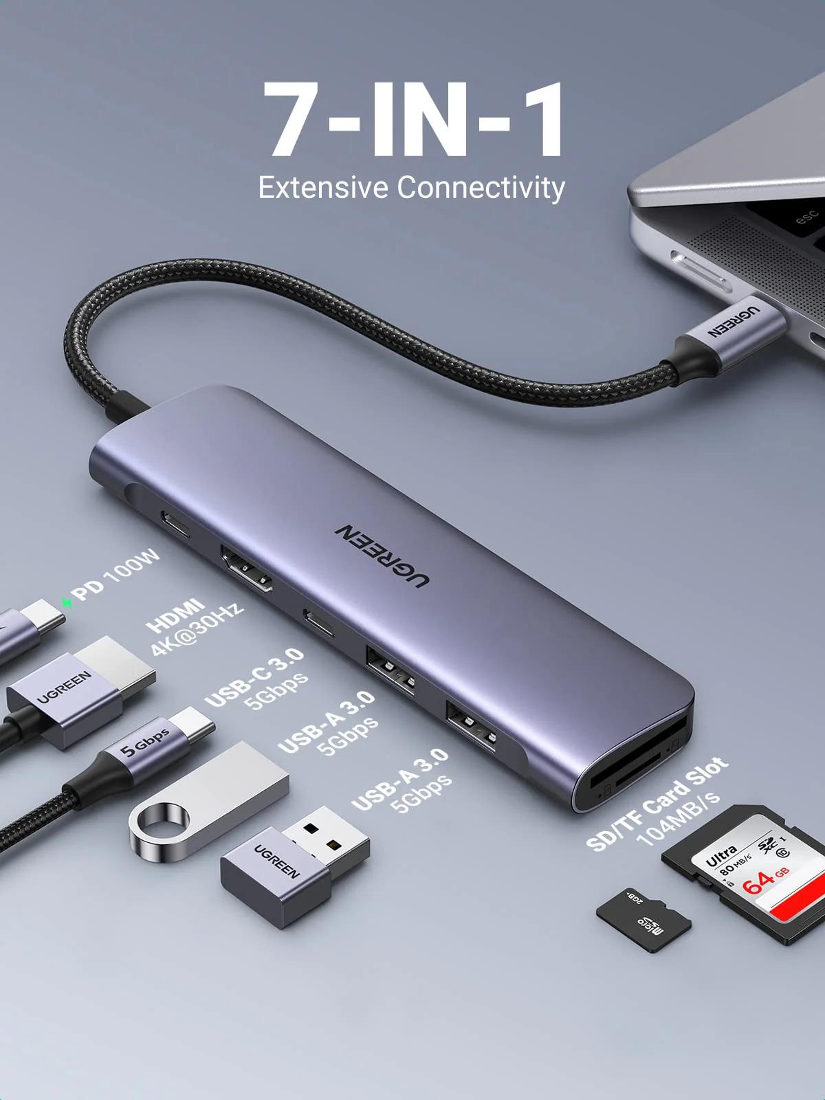 DOCKING Station Ugreen, "CM195" conectare PC USB Type-C, USB 3.0 x 2|HDMI x 1/4K/30Hz|Card reader x 1|USB Type C x 1 PD 100W, aluminiu, gri "15214"