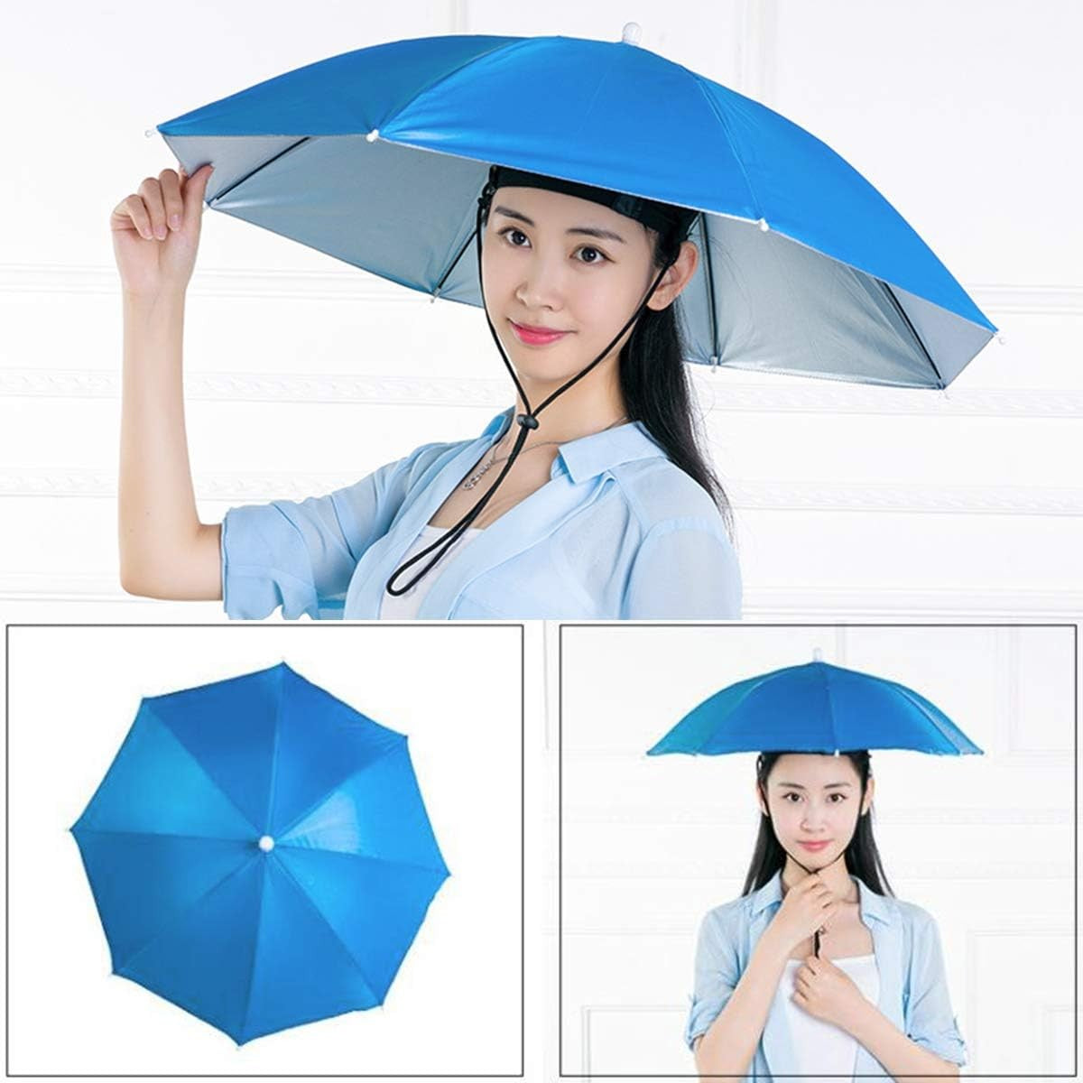 Umbrela de Cap, Diametru 69 cm, Snur Reglabil de Cap, Protectie UV/Ploaie, Albastru Inchis