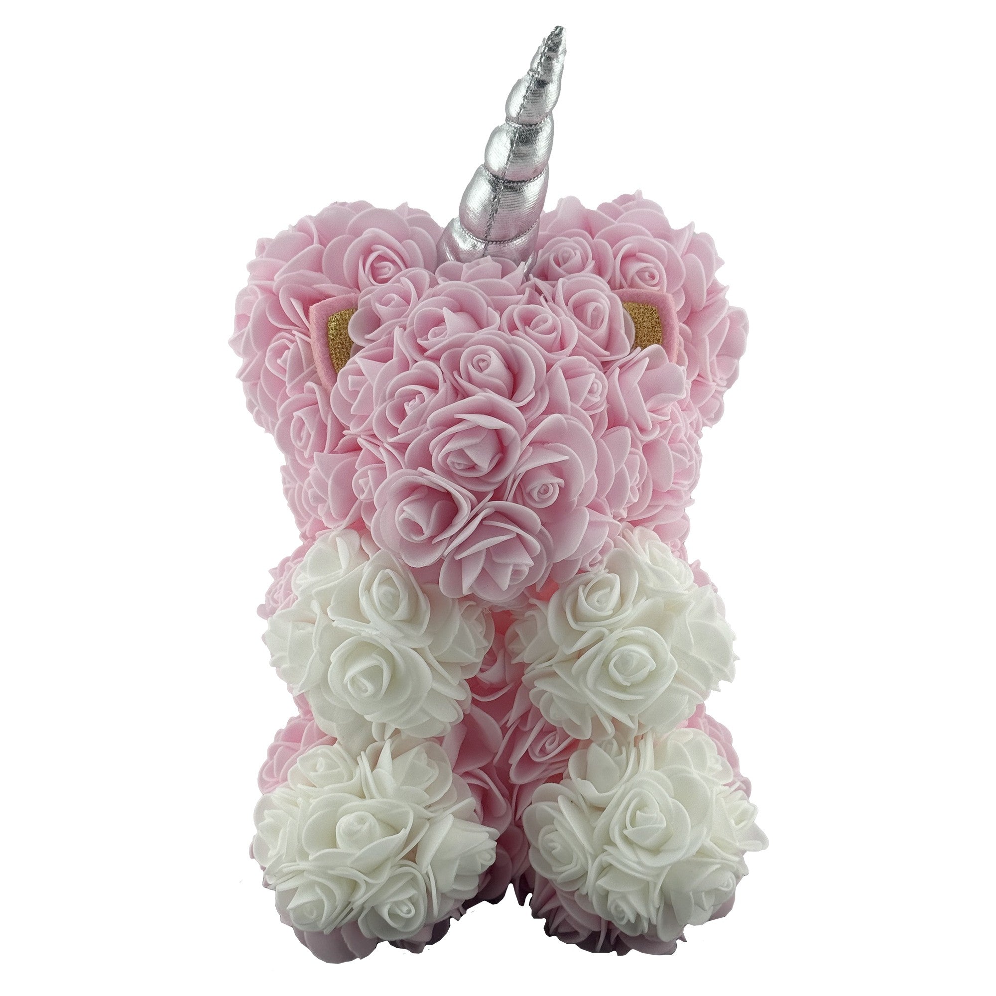 Unicorn din Flori, Unicorn din Trandafiri de Spuma, Unicornul 17 x 17 x 23 cm / Cutia Trasparenta 19 x 19 x 28 cm, Alb/Roz