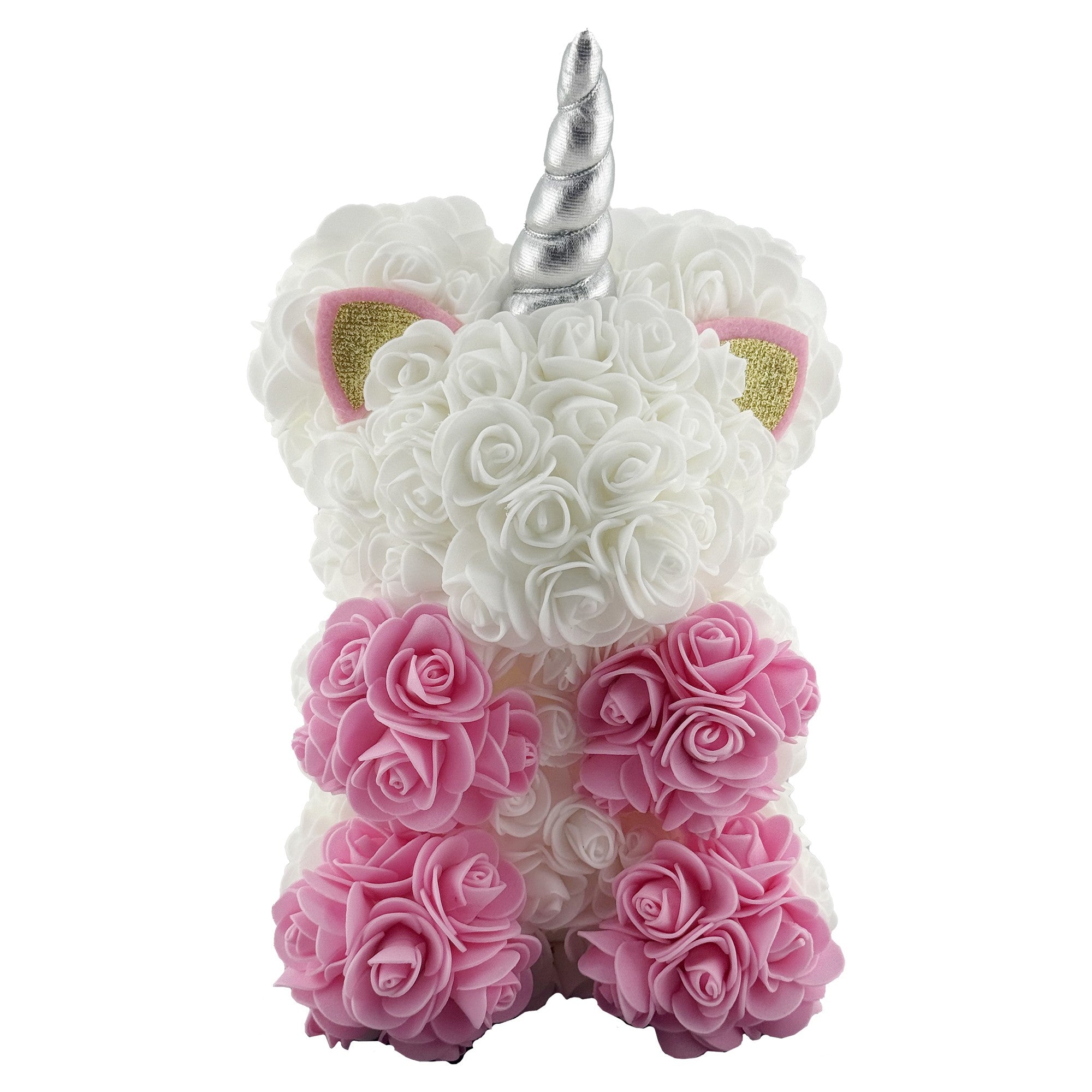 Unicorn din Flori, Unicorn din Trandafiri de Spuma, Unicornul 17 x 17 x 23 cm / Cutia Trasparenta 19 x 19 x 28 cm, Roz/Alb
