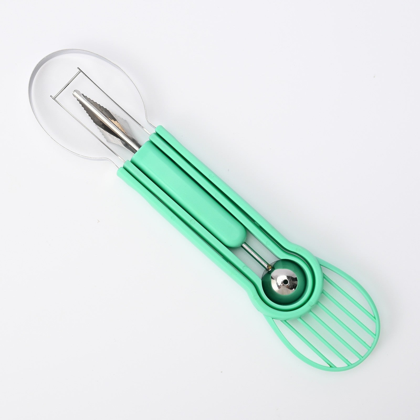 Ustensila bucatarie 4 in 1 pentru taiat si decorat fructe material inox si plastic, compact, 28x6.2 cm, verde