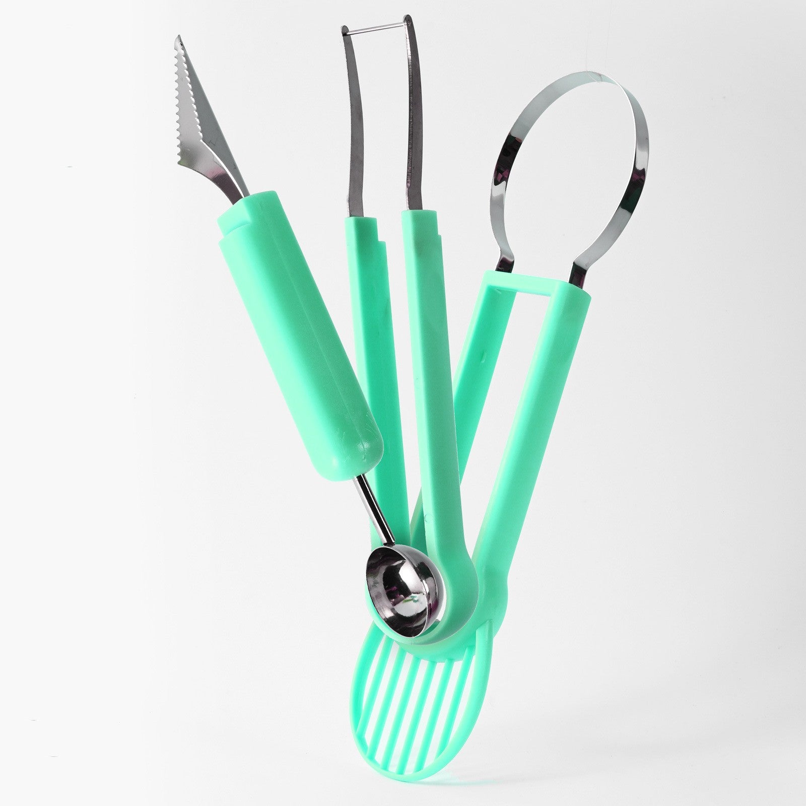 Ustensila bucatarie 4 in 1 pentru taiat si decorat fructe material inox si plastic, compact, 28x6.2 cm, verde