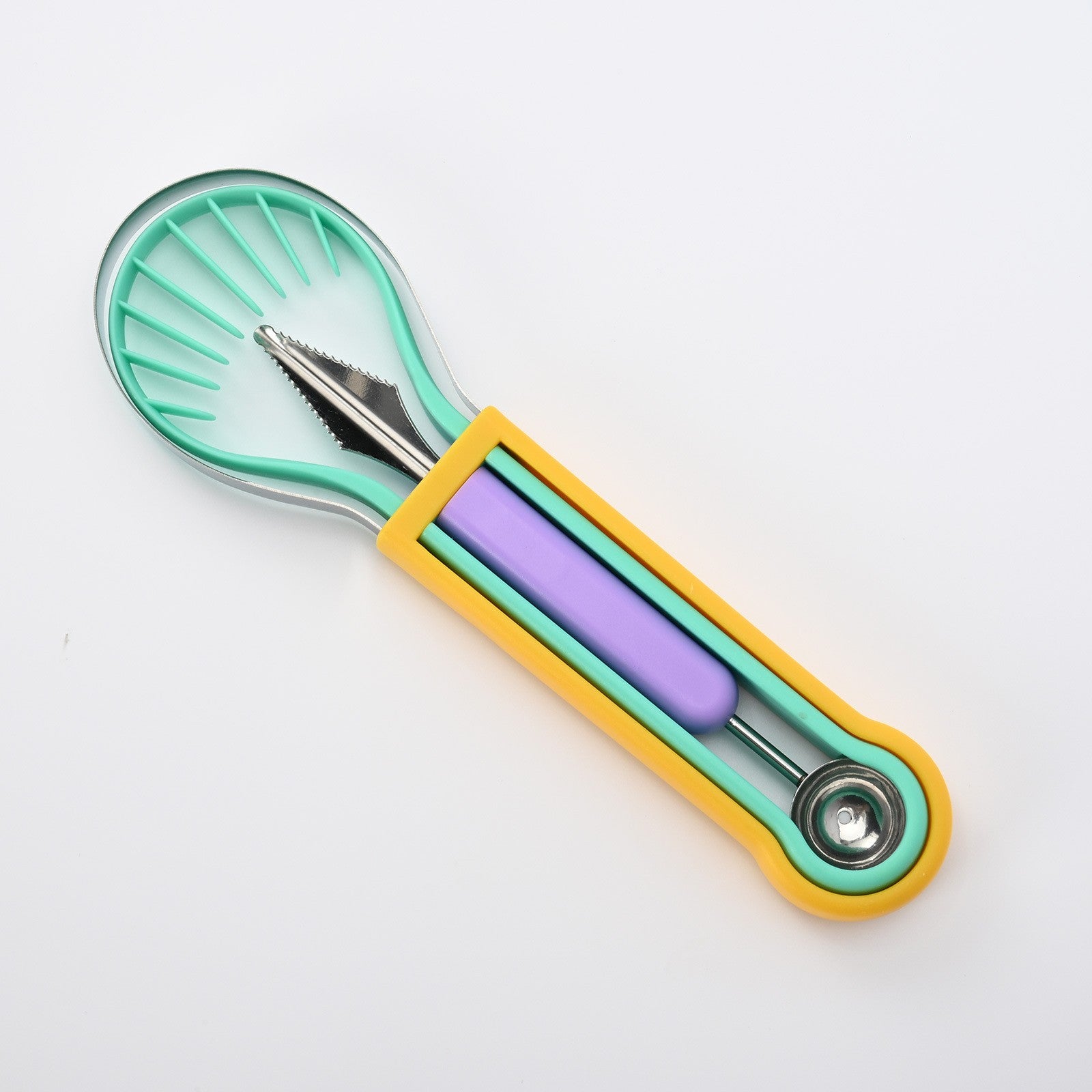 Ustensila bucatarie 4 in 1 pentru taiat si decorat fructe material inox si plastic, compact, 28x6.2 cm, multicolor
