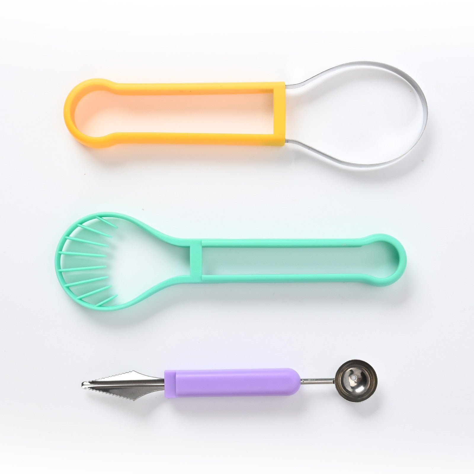 Ustensila bucatarie 4 in 1 pentru taiat si decorat fructe material inox si plastic, compact, 28x6.2 cm, multicolor
