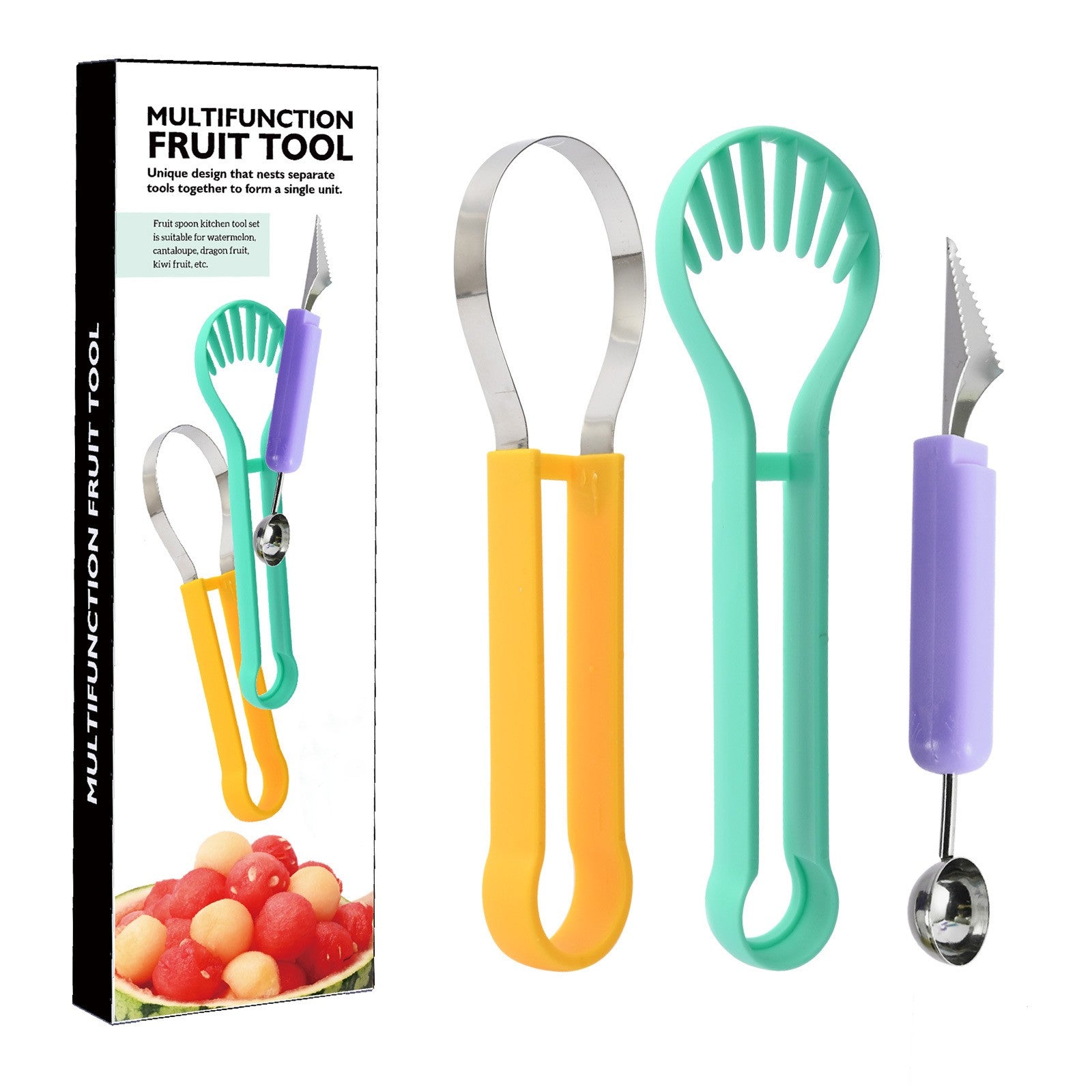 Ustensila bucatarie 4 in 1 pentru taiat si decorat fructe material inox si plastic, compact, 28x6.2 cm, multicolor