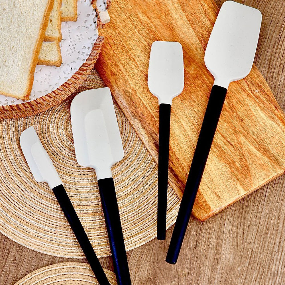Ustensile de Bucatarie, Set din 4 bucati, din Silicon si Lemn, Spatule de Diferite Dimensiuni, Termo rezistente, Antiaderente, Instrument de Amestecat in Bucatarie, Alb-Negru