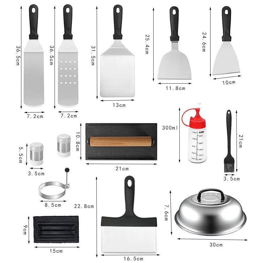 Ustensile pentru Gratar, Set din 17 Ustensile pentru Gratar cu Preparare de tip Plita, Ustensile din Otel Inoxidabil cu Manere din Plastic PP, cu Geanta, Negru
