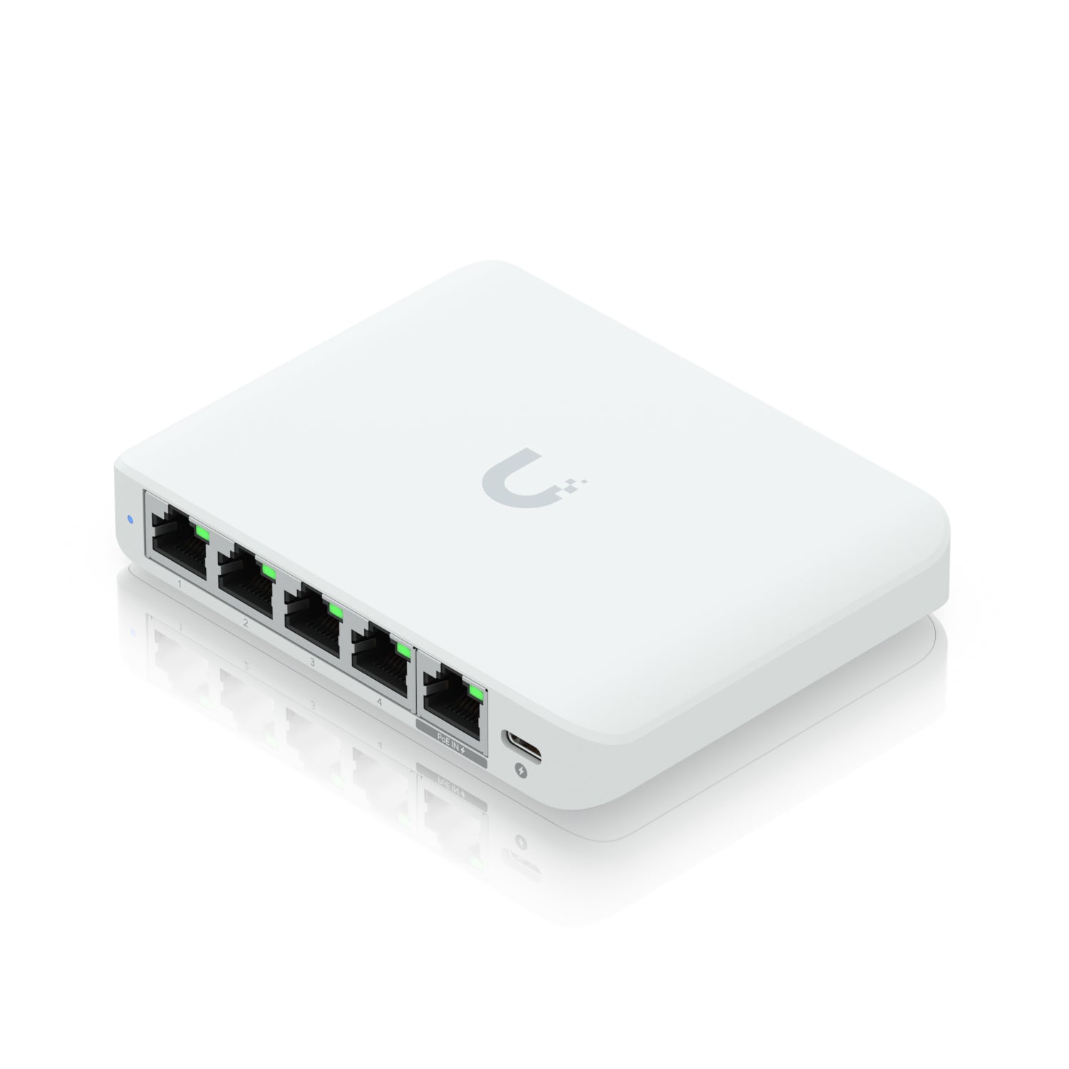 Ubiquiti 5-port 2.5G switch that can be powered with PoE or a USB-C adapter; 4x 2.5 GbE ports, 2.5 GbE PoE input port for power "USW-FLEX-2.5G-5-EU"