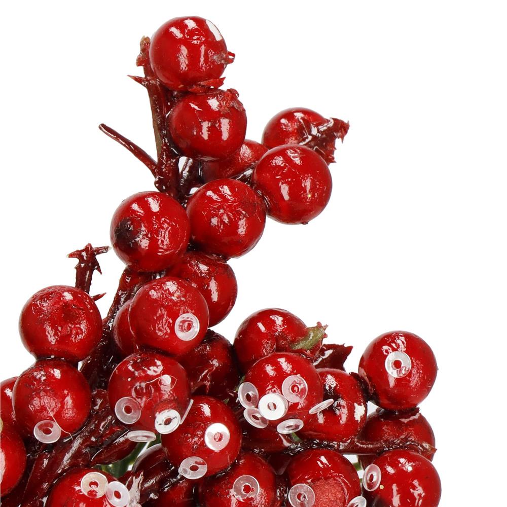 Ramura decorativa Craciun cu fructe rosii, acadea si sfoara iuta, 24 cm, rosu