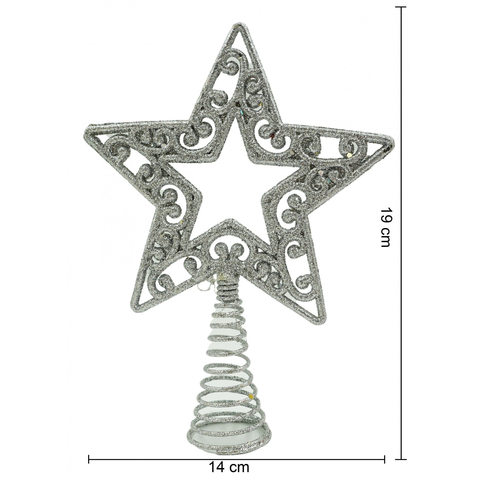 Varf decorativ de brad, Argintiu, in forma de Stea, decupata in centru, din Plastic/Metal, 14 cm x 19 cm, Interior/Exterior