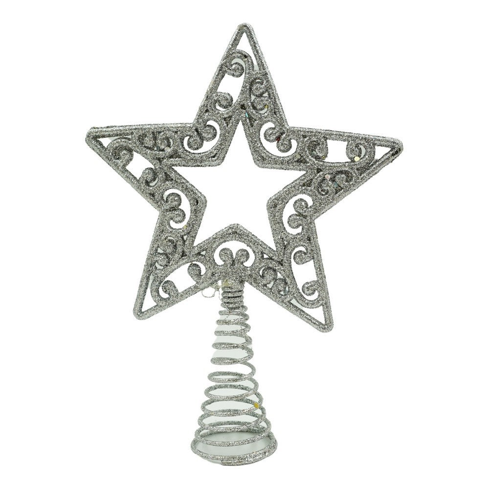 Varf decorativ de brad, Argintiu, in forma de Stea, decupata in centru, din Plastic/Metal, 14 cm x 19 cm, Interior/Exterior