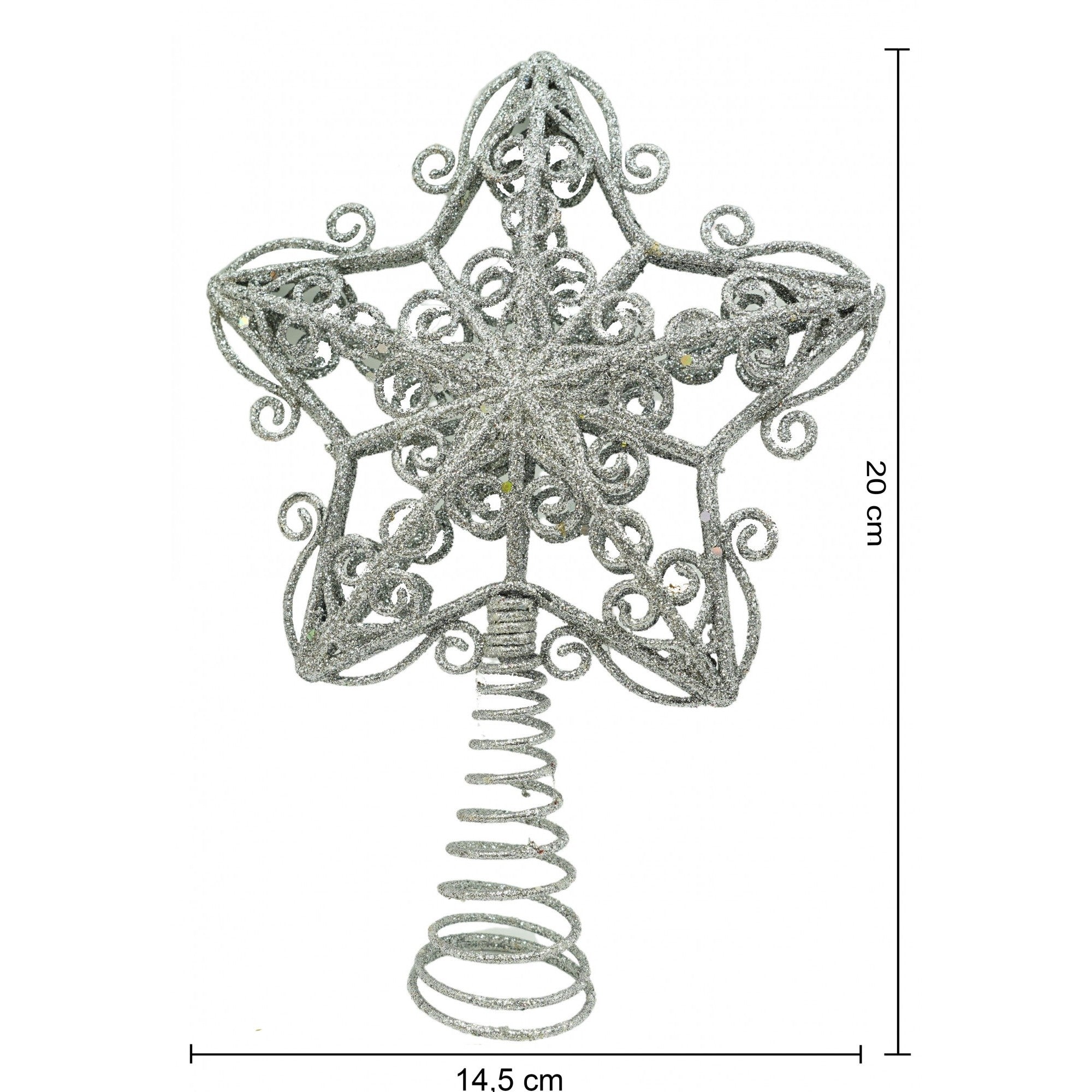 Varf decorativ de brad, Argintiu, in forma de Stea, design forjat, din Plastic/Metal, 14.5 cm x 20 cm, Interior/Exterior