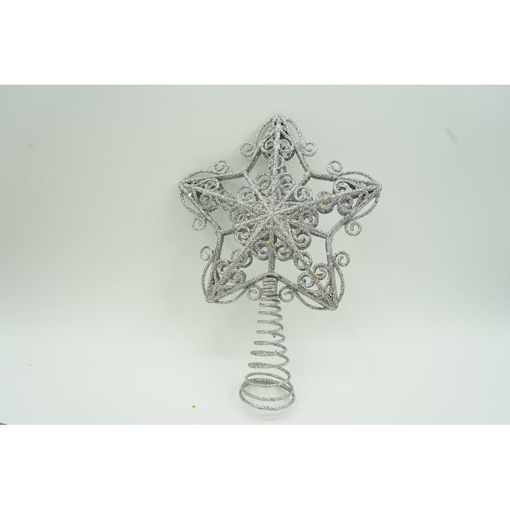 Varf decorativ de brad, Argintiu, in forma de Stea, design forjat, din Plastic/Metal, 14.5 cm x 20 cm, Interior/Exterior