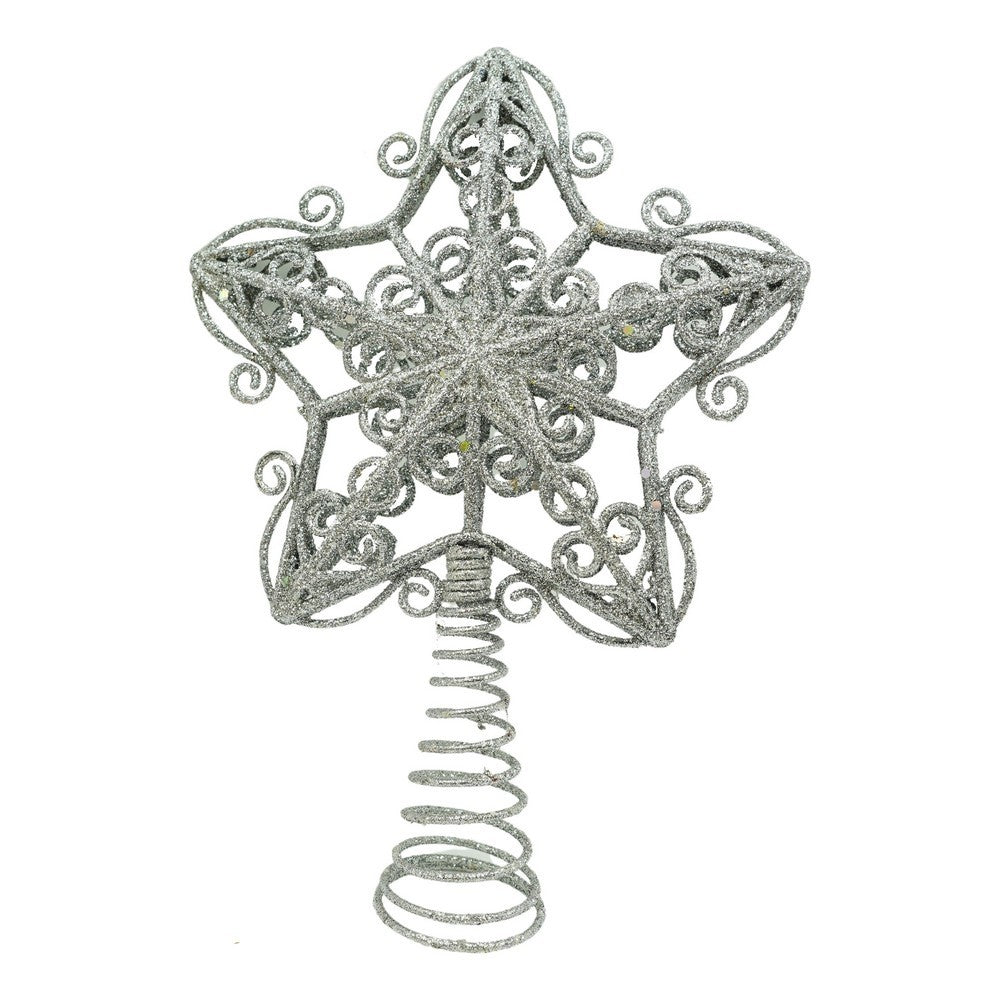 Varf decorativ de brad, Argintiu, in forma de Stea, design forjat, din Plastic/Metal, 14.5 cm x 20 cm, Interior/Exterior