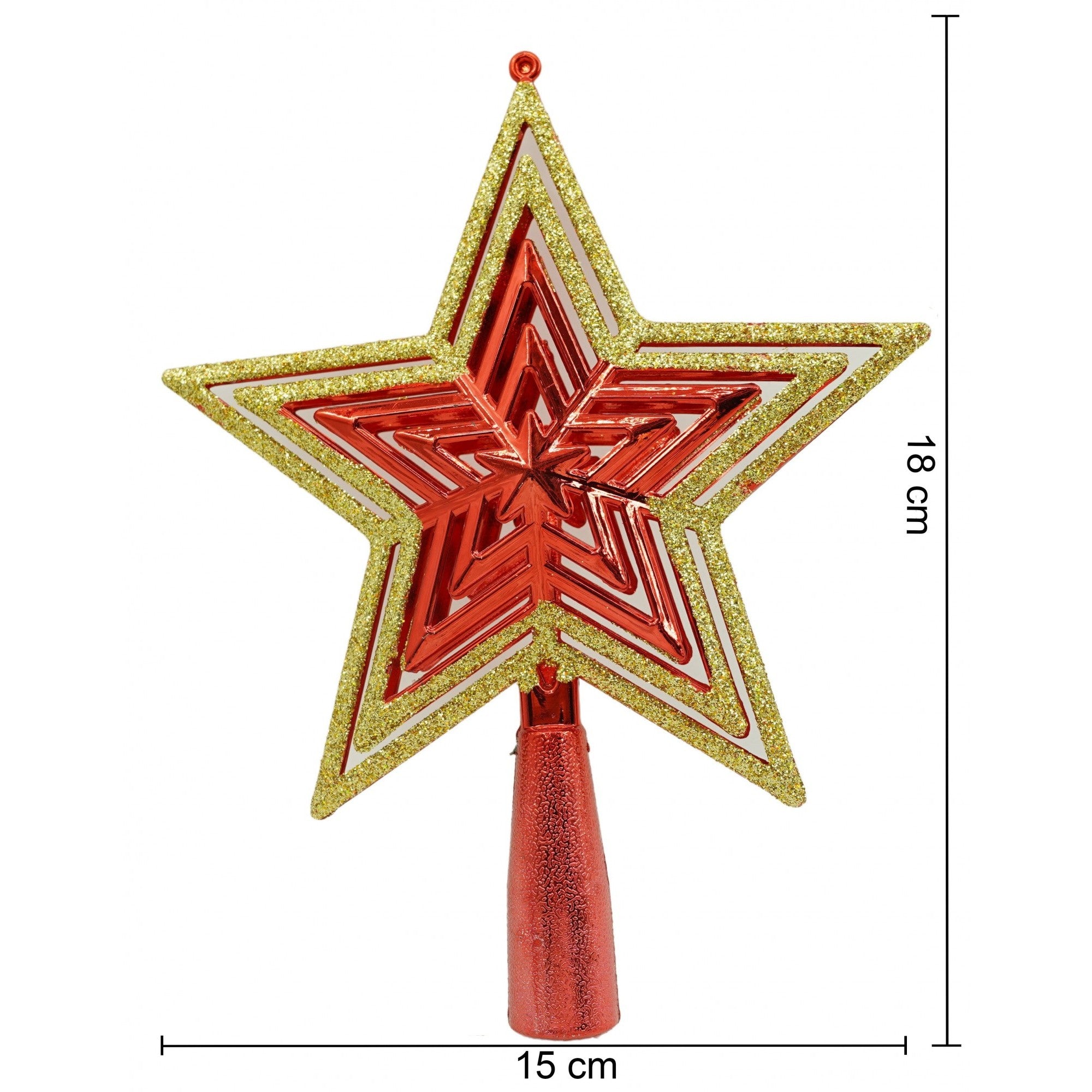 Varf decorativ de brad, Auriu/ Rosu, in forma de Stea, design de stele, din Plastic, 15 cm x 18 cm, Interior/Exterior