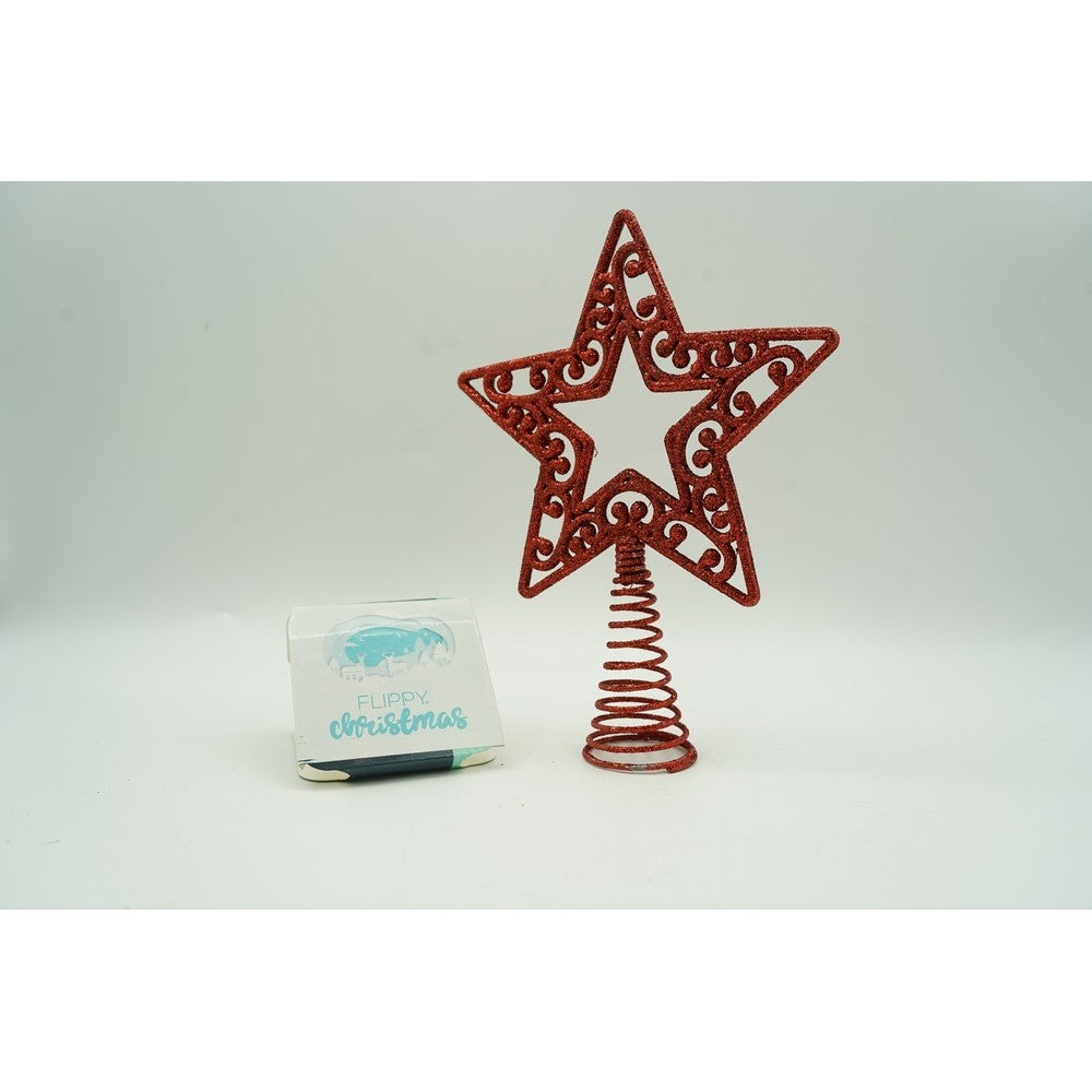 Varf decorativ de brad, Rosu, in forma de Stea, decupata in centru, din Plastic/Metal, 14 cm x 19 cm, Interior/Exterior