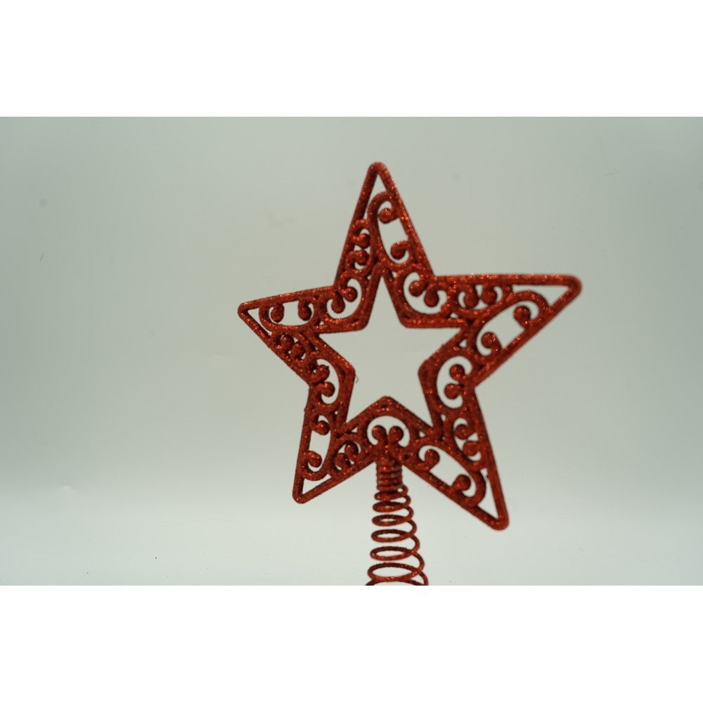 Varf decorativ de brad, Rosu, in forma de Stea, decupata in centru, din Plastic/Metal, 14 cm x 19 cm, Interior/Exterior