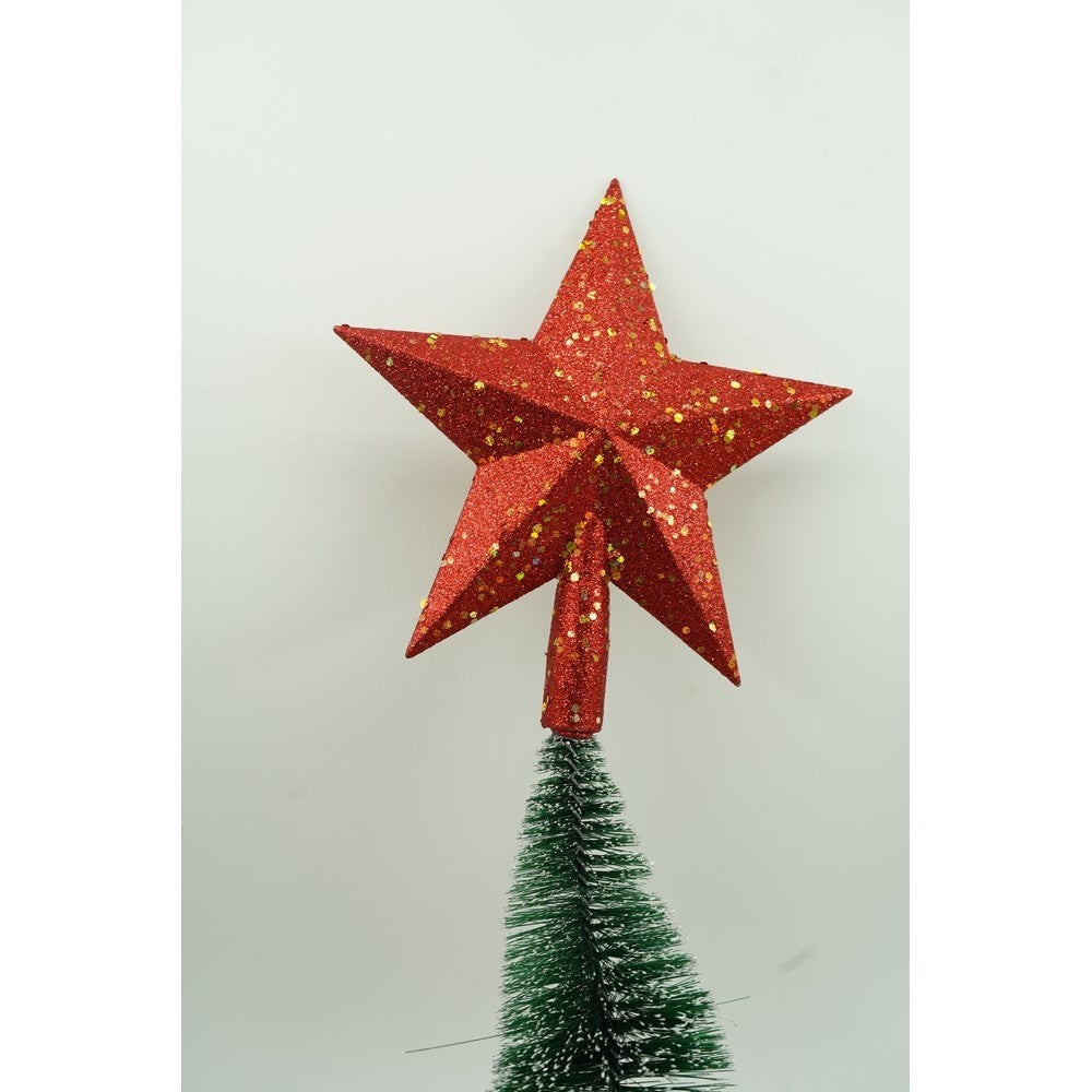Varf decorativ de brad, Rosu, in forma de Stea, design cu paiete, din Plastic, 18 cm x 20 cm, Interior/Exterior