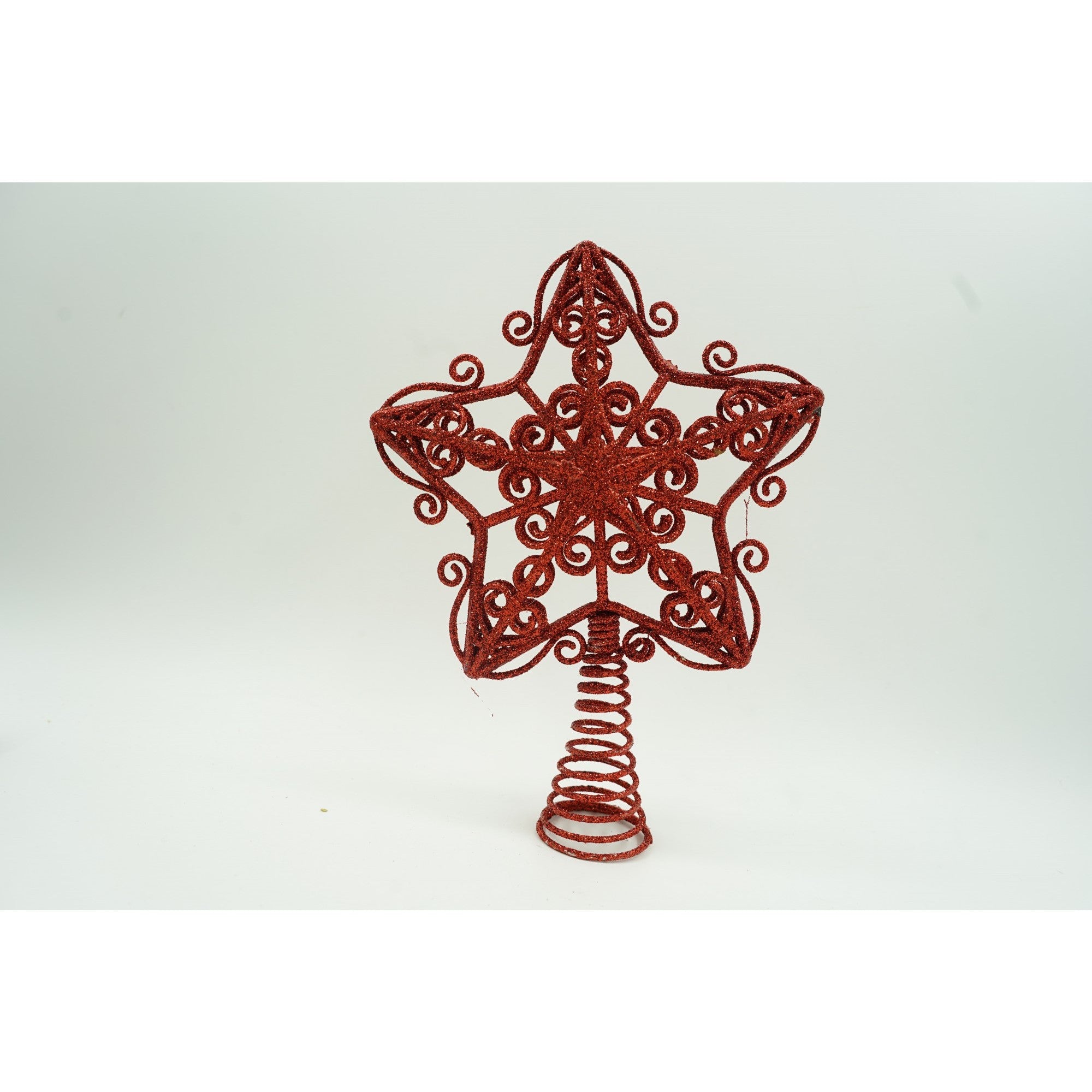 Varf decorativ de brad, Rosu, in forma de Stea, design forjat, din Plastic/Metal, 14.5 cm x 20 cm, Interior/Exterior