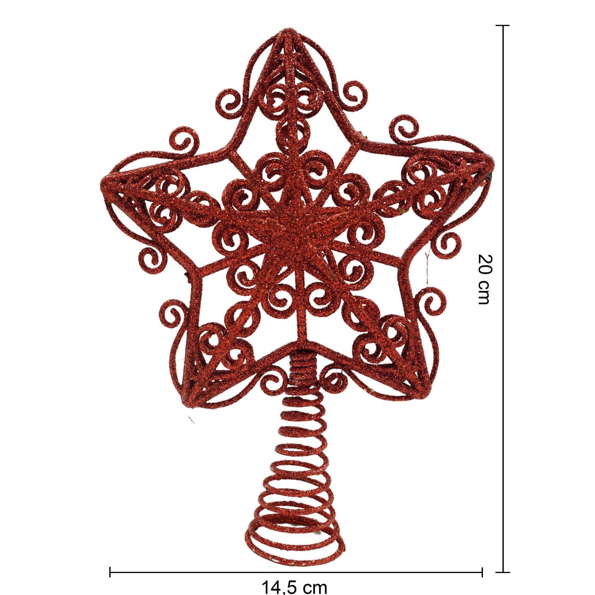 Varf decorativ de brad, Rosu, in forma de Stea, design forjat, din Plastic/Metal, 14.5 cm x 20 cm, Interior/Exterior