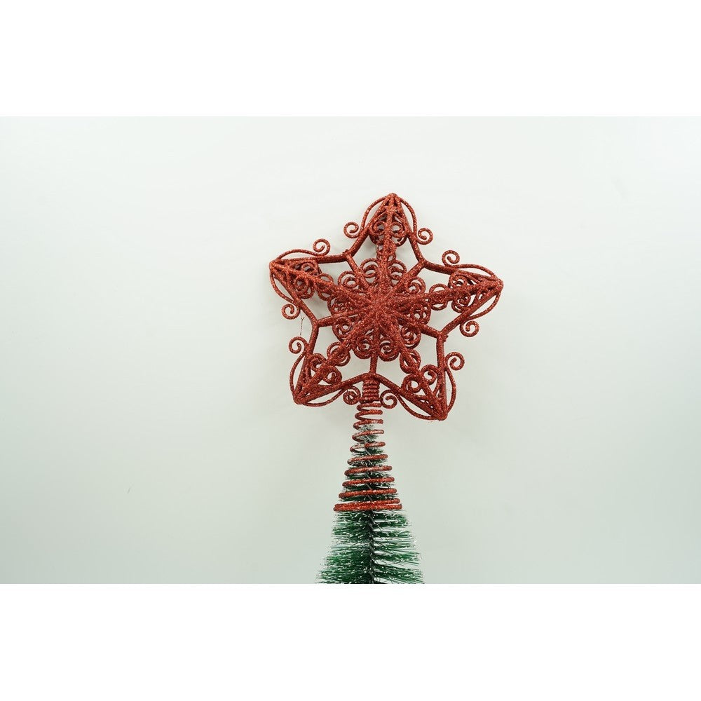 Varf decorativ de brad, Rosu, in forma de Stea, design forjat, din Plastic/Metal, 14.5 cm x 20 cm, Interior/Exterior