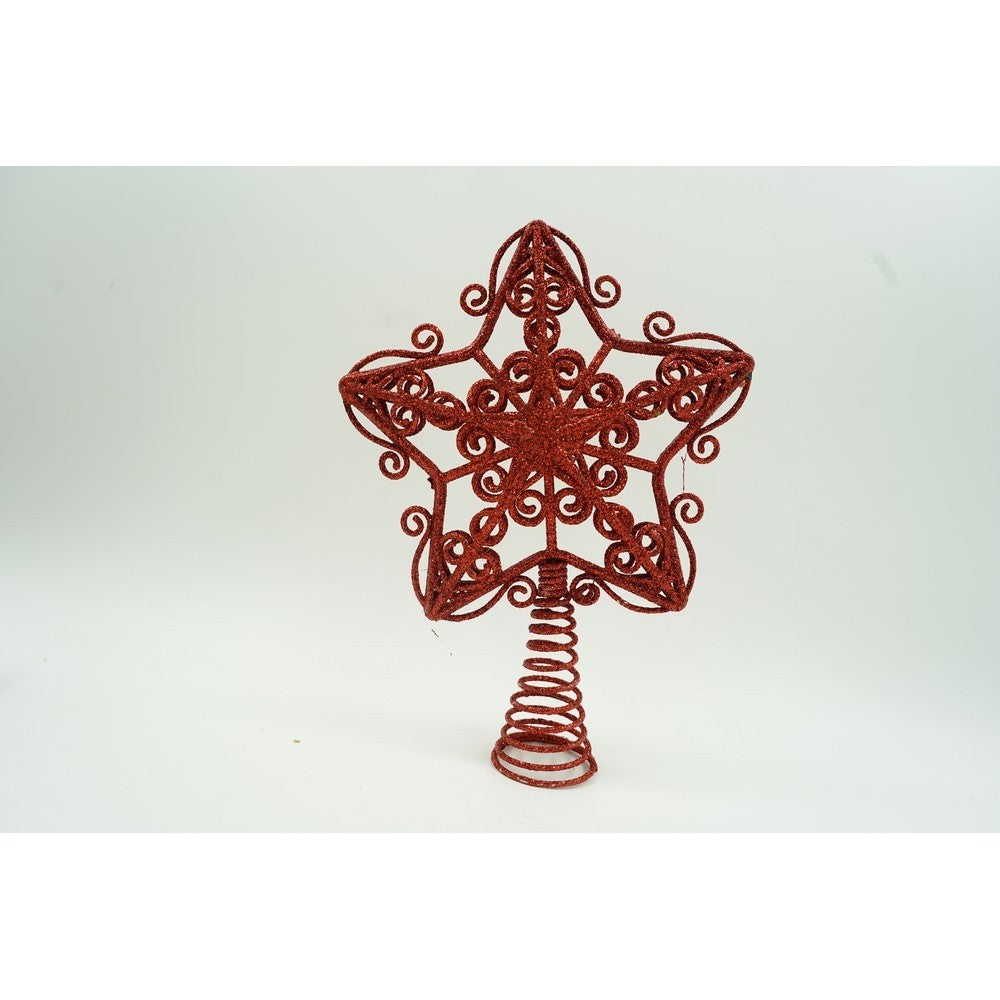Varf decorativ de brad, Rosu, in forma de Stea, design forjat, din Plastic/Metal, 14.5 cm x 20 cm, Interior/Exterior