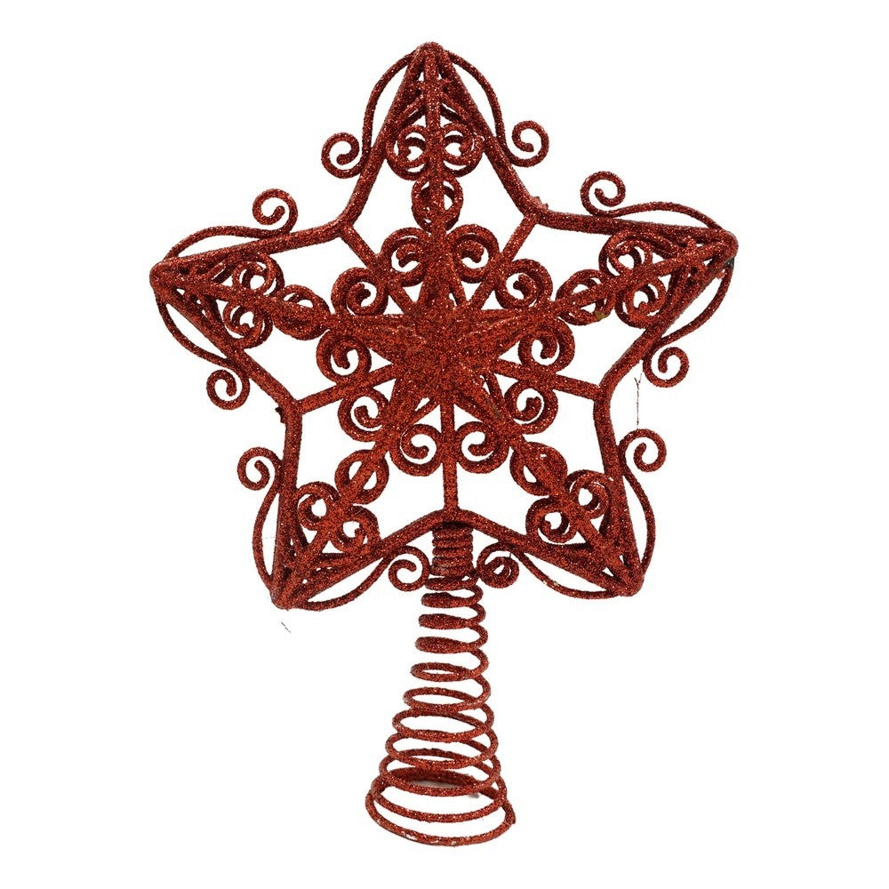 Varf decorativ de brad, Rosu, in forma de Stea, design forjat, din Plastic/Metal, 14.5 cm x 20 cm, Interior/Exterior