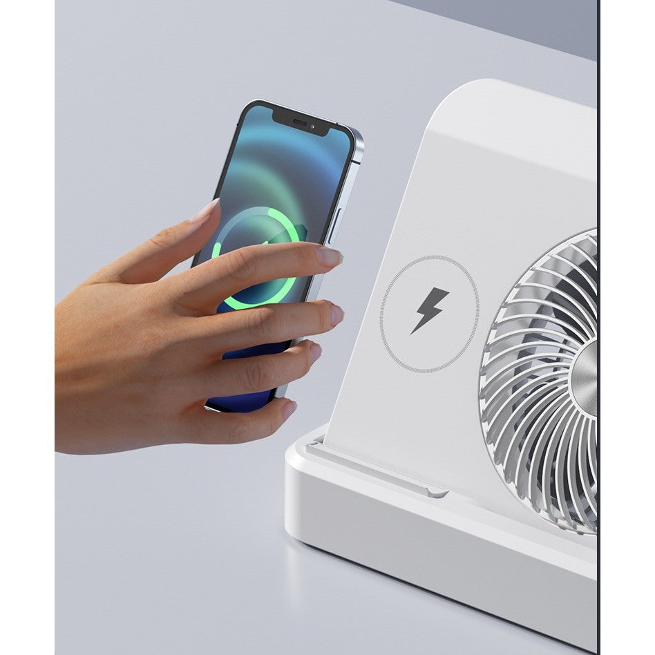 Ventilator 2in1, Functie Incarcare Telefon Wireless, 100 Trepte de Viteza, 2400 mAh, 5V, 2A, 25 x 16.5 x 24 cm, Alb