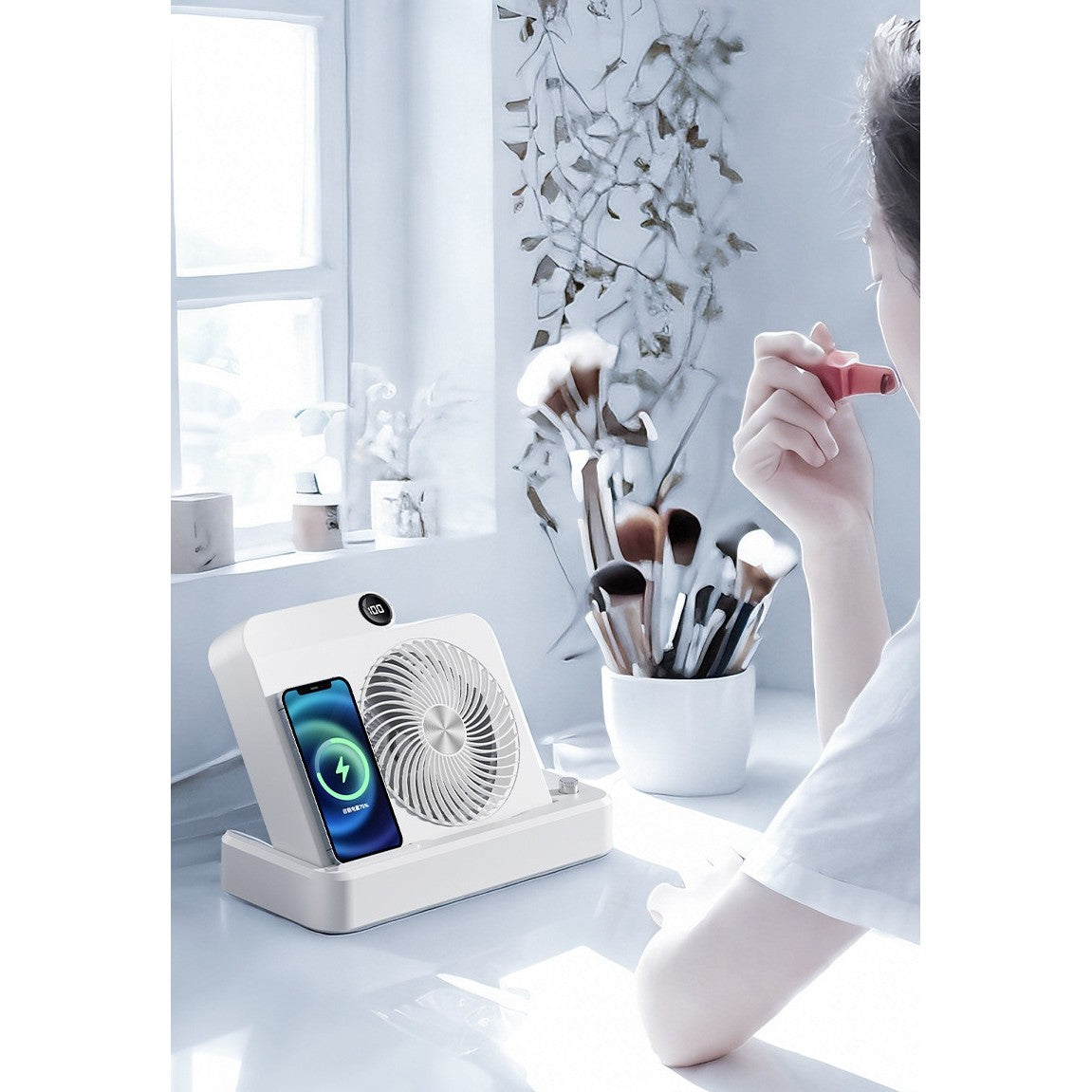 Ventilator 2in1, Functie Incarcare Telefon Wireless, 100 Trepte de Viteza, 2400 mAh, 5V, 2A, 25 x 16.5 x 24 cm, Alb