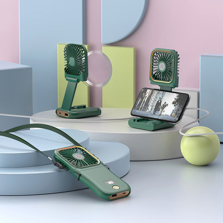 Ventilator Portabil, 3 in 1, de Mana, de Gat, de Birou, 16.7 x 8 x 1.9 cm, 3 Trepte de Viteza, Incarcare USB, Pliabil, Afisaj Digital, Suport Telefon, Verde