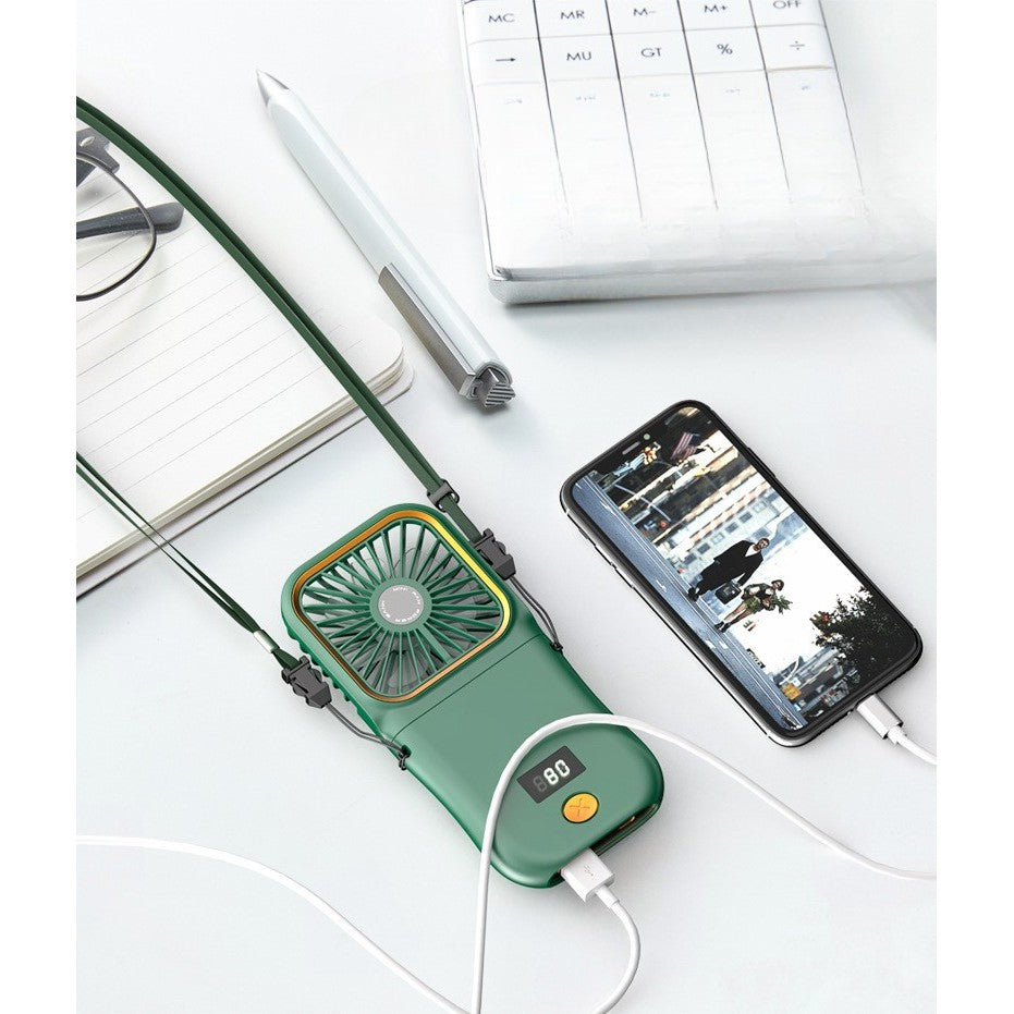 Ventilator Portabil, 3 in 1, de Mana, de Gat, de Birou, 16.7 x 8 x 1.9 cm, 3 Trepte de Viteza, Incarcare USB, Pliabil, Afisaj Digital, Suport Telefon, Verde