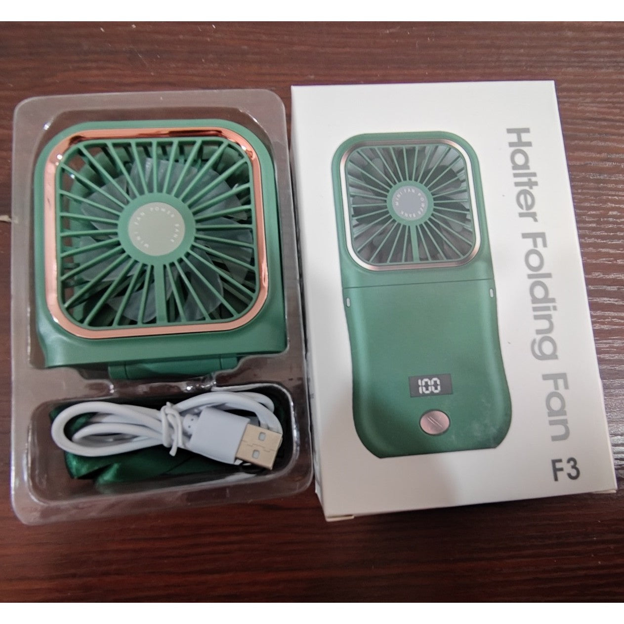 Ventilator Portabil, 3 in 1, de Mana, de Gat, de Birou, 16.7 x 8 x 1.9 cm, 3 Trepte de Viteza, Incarcare USB, Pliabil, Afisaj Digital, Suport Telefon, Verde