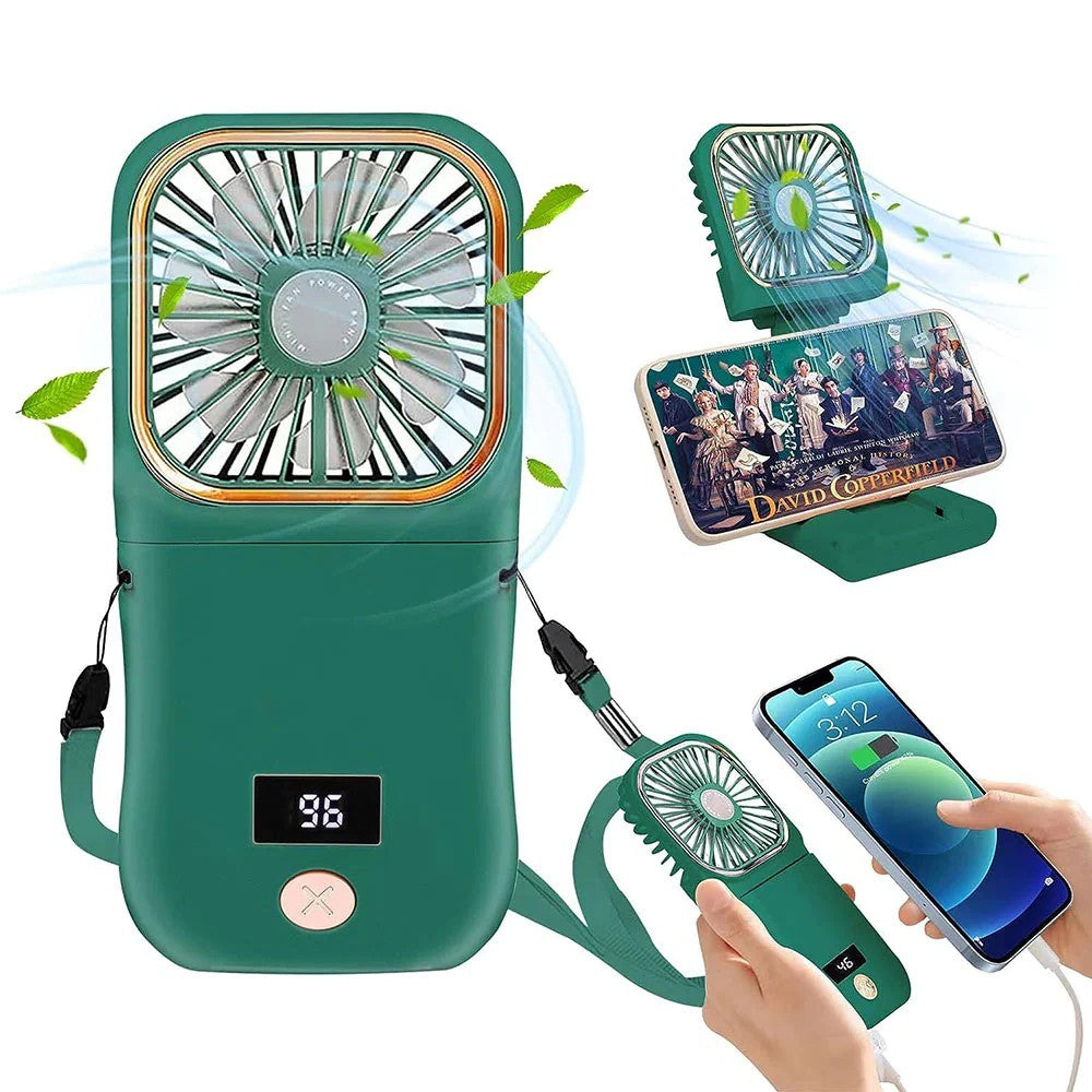 Ventilator Portabil, 3 in 1, de Mana, de Gat, de Birou, 16.7 x 8 x 1.9 cm, 3 Trepte de Viteza, Incarcare USB, Pliabil, Afisaj Digital, Suport Telefon, Verde