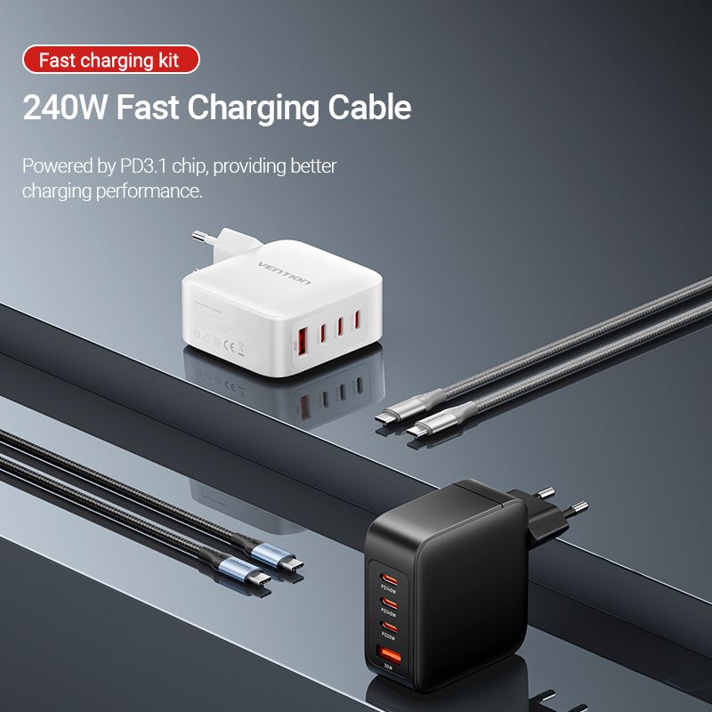 Alimentator retea Vention, 3 x USB-C (140W/140W/30W), 1 x USB-A (18W), GaN, PD, QC, Cablu USB-C 1.5m inclus, negru, "FEIB0-EU"