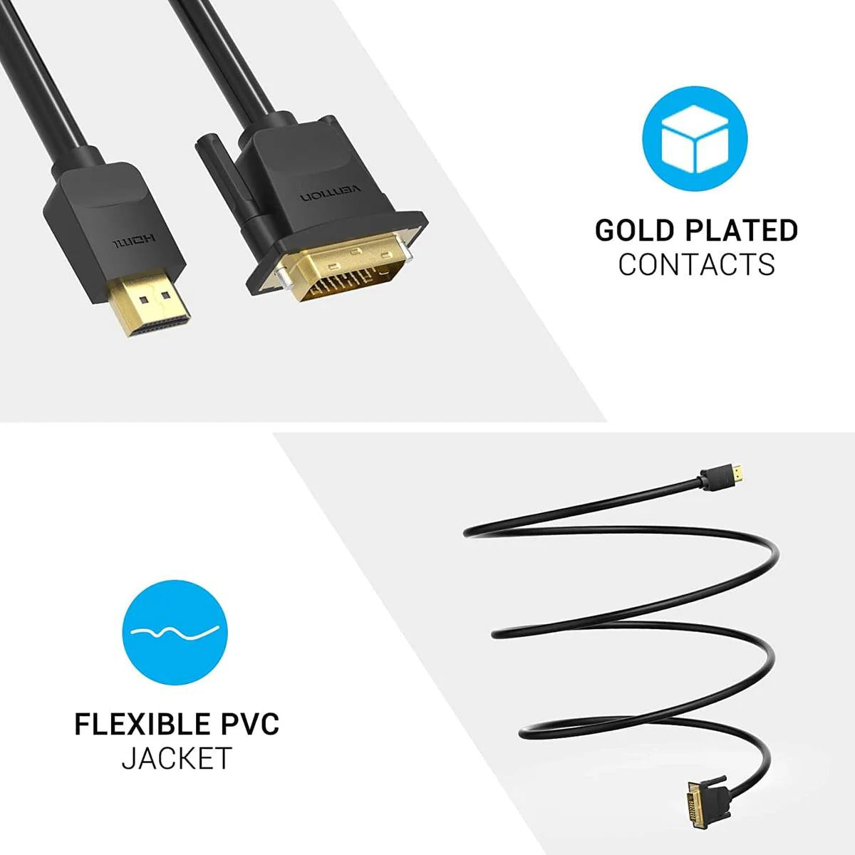 Cablu video Vention, HDMI (T) la DVI (T), 3m, rezolutie 4K la 60Hz, bidirectional, conectori auriti, negru, "ABFBI" - 6922794732834