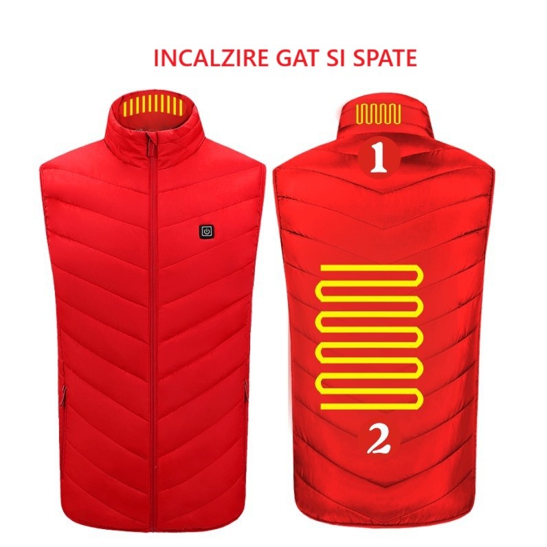 Vesta cu Incalzire, Unisex, 2 Zone de Incalzire, Umplutura Bumbac, 3 Trepte de Temperatura, Incarcare USB, Rosu, 45 - 50 kg, Marime M