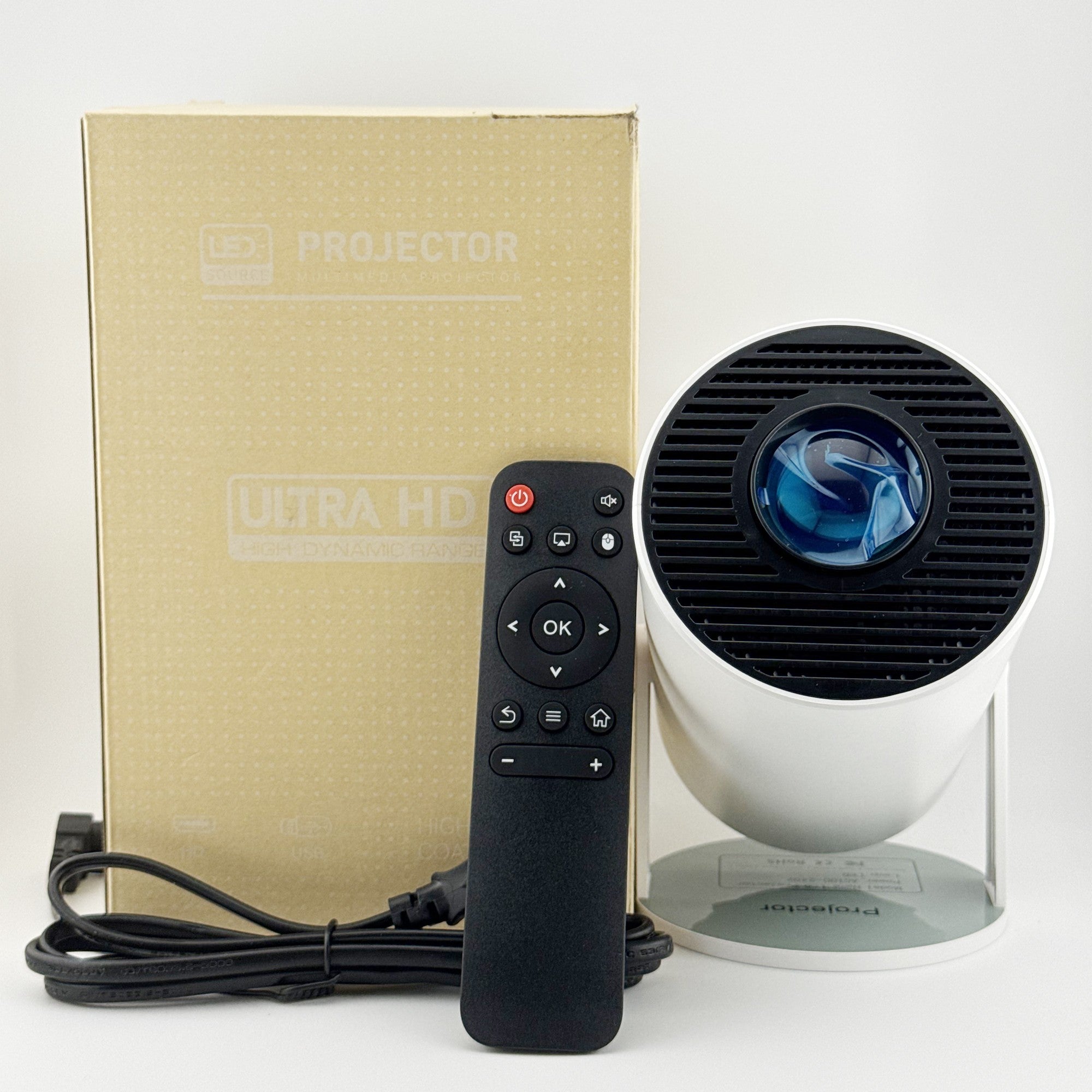 Video Proiector Portabil cilindric HY300, Inteligent, HD 1280×720, Wireless, Compatibil cu Android/iOS, AC, 19 x 11 x 9 cm, Alb