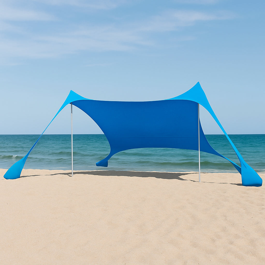 Pavilion turistic de plaja tip cort, cu structura metalica, 210x200x150 cm, albastru