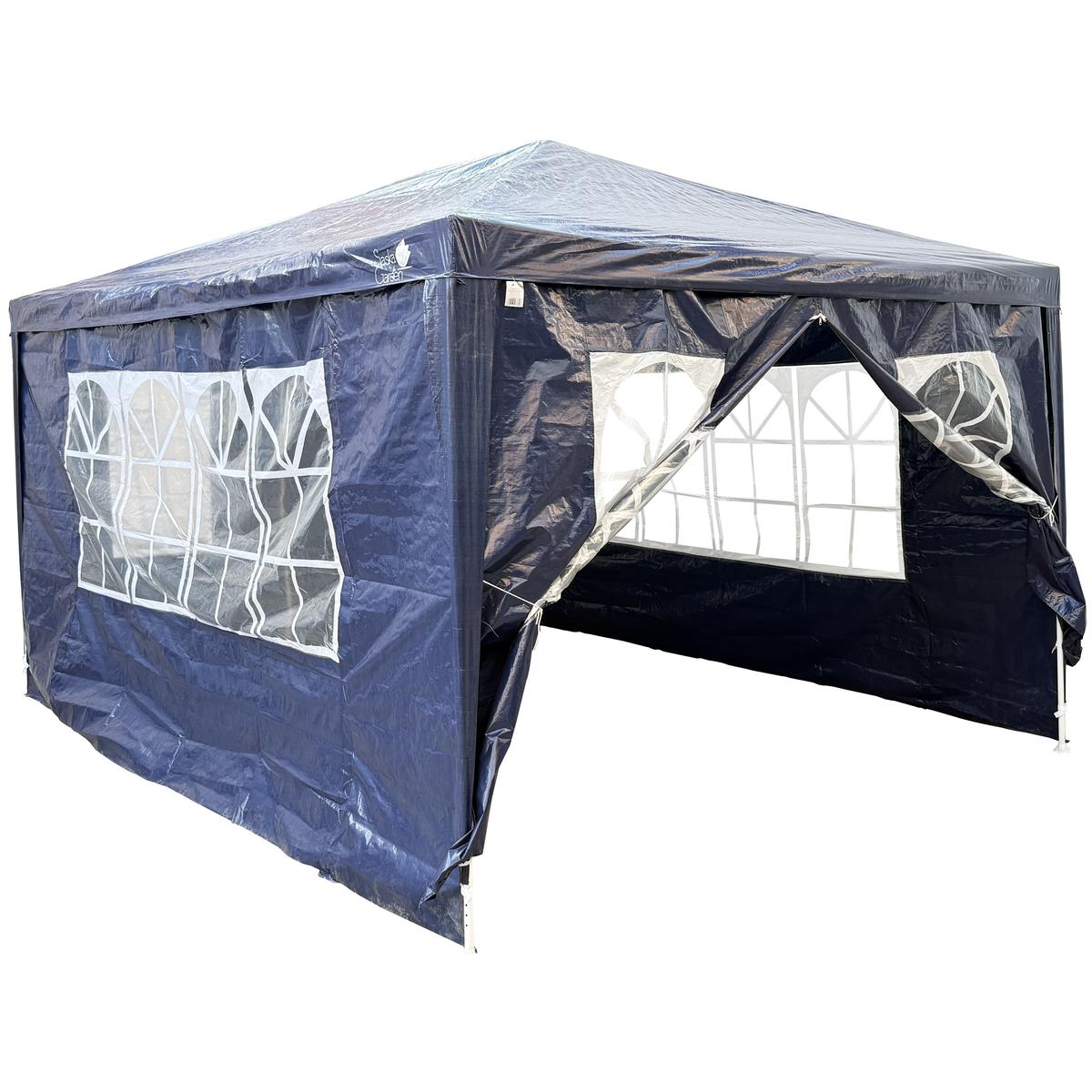 Pavilion gradina cu 4 pereti si ferestre, structura metalica, 300x400x250 cm, albastru