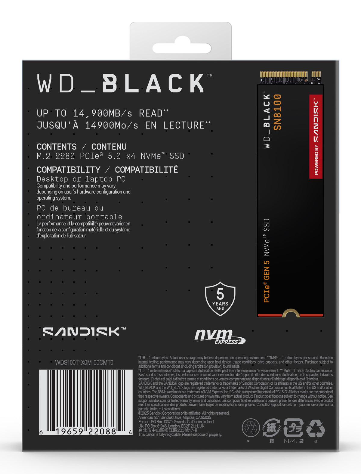 SSD WD Black SN8100 1TB M.2 2280 PCIe Gen5 x4 NVMe, Read/Write: 14900/11000 MBps, IOPS 1600K/2400K, TBW: 600 