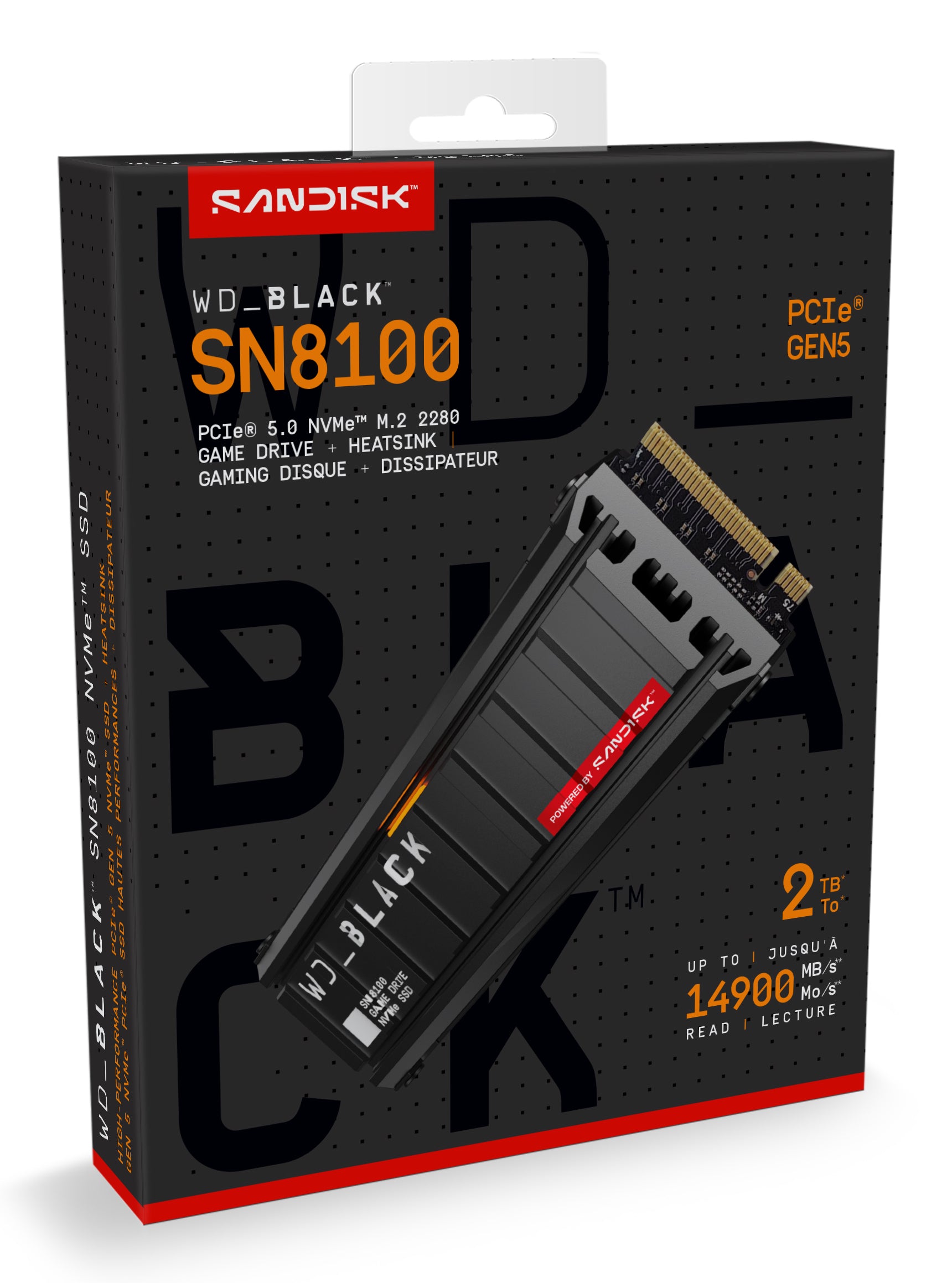 SSD WD_BLACK SN8100 HeatSink 2TB M.2 2280 PCIe Gen5 x4 NVMe, Read/Write: 14900/14000 MBps, IOPS 2300K/2400K, TBW: 1200, powered by SanDisk "WDS200T1XHM-00CMT0"