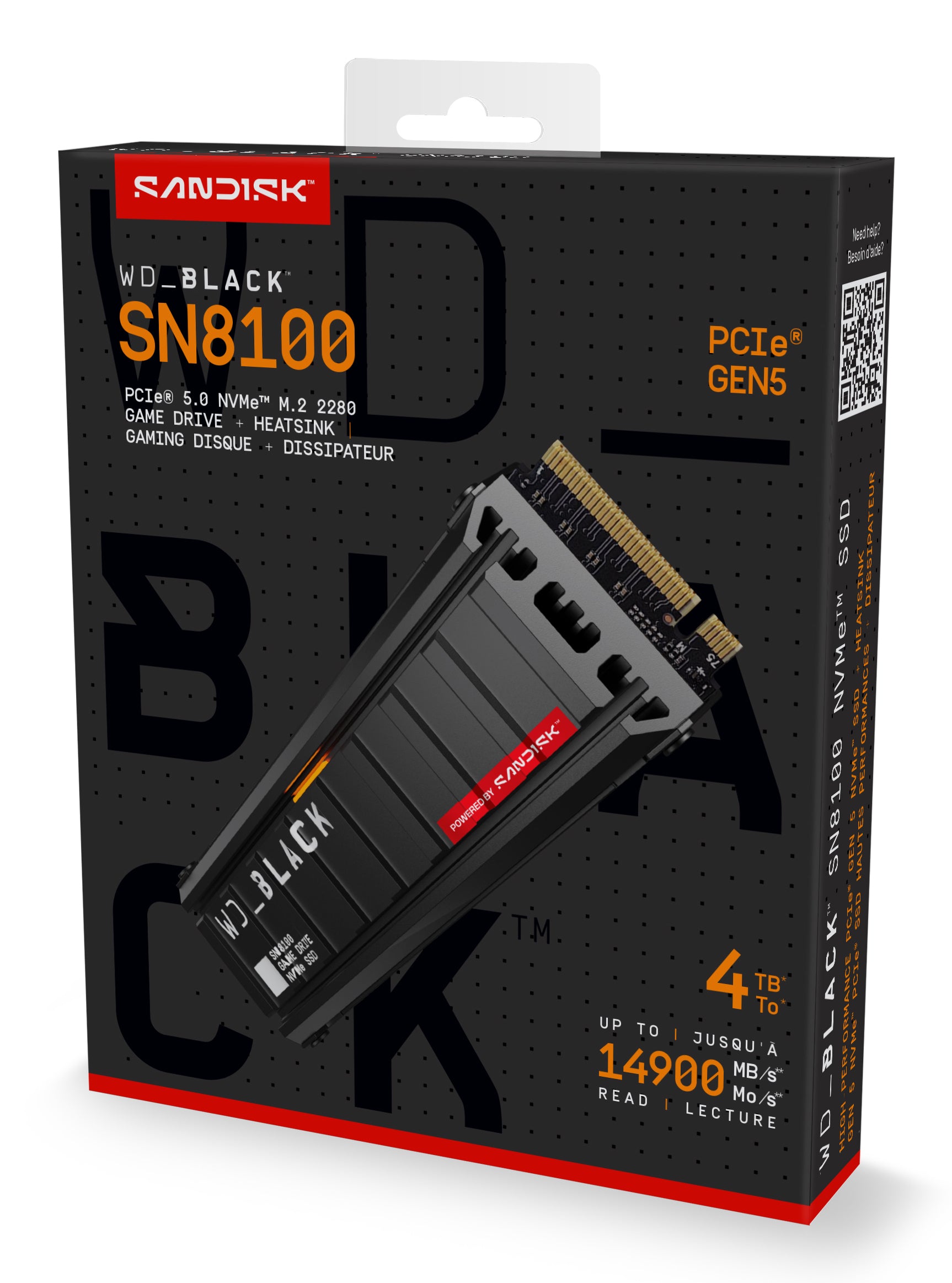 SSD WD_BLACK SN8100 HeatSink 4TB M.2 2280 PCIe Gen5 x4 NVMe, Read/Write: 14900/14000 MBps, IOPS 2300K/2400K, TBW: 2400, powered by SanDisk "WDS400T1XHM-00CMT0"